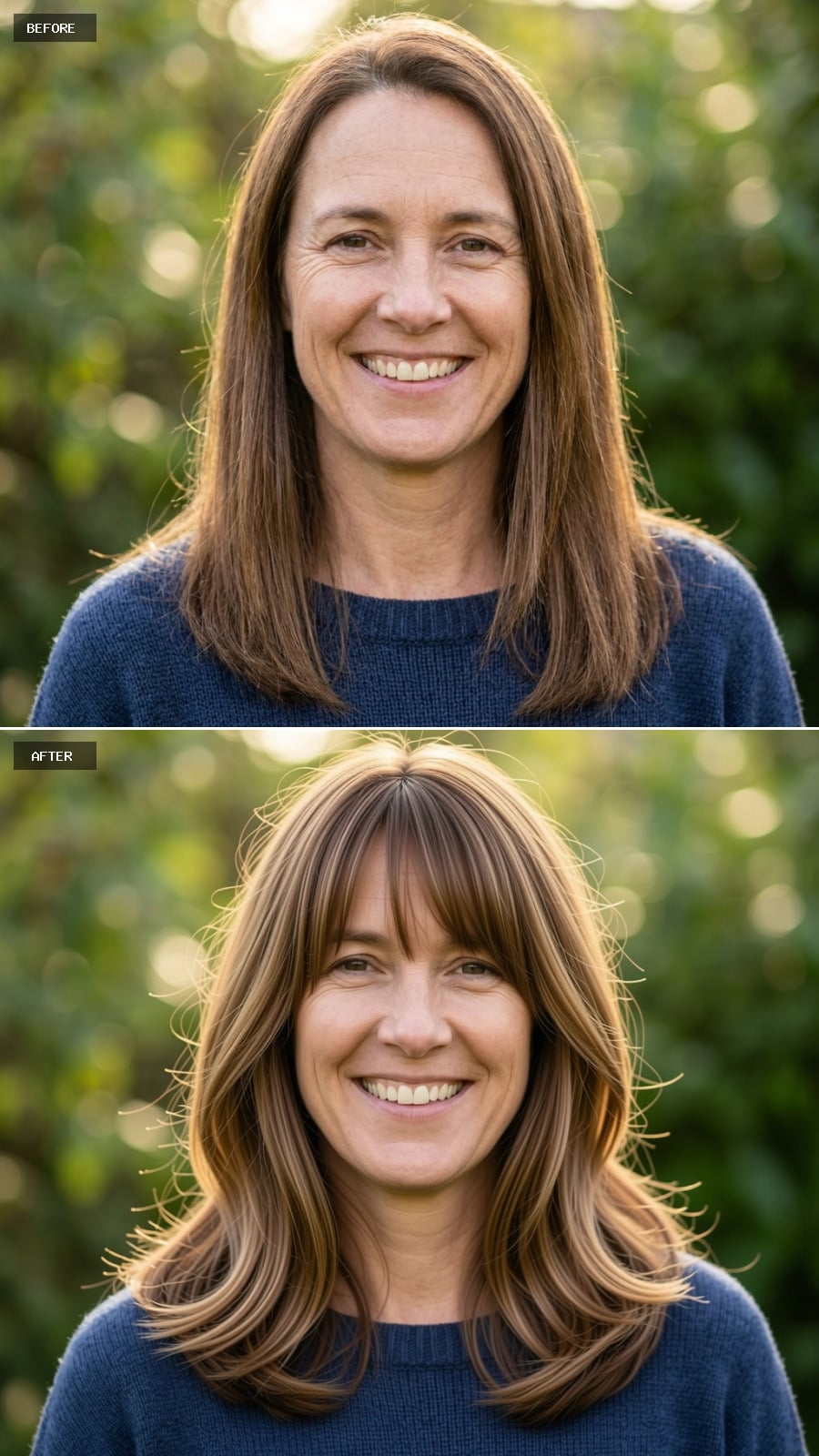 Bangs and Highlights Do the Heavy Lifting on Shoulder-Length Hair