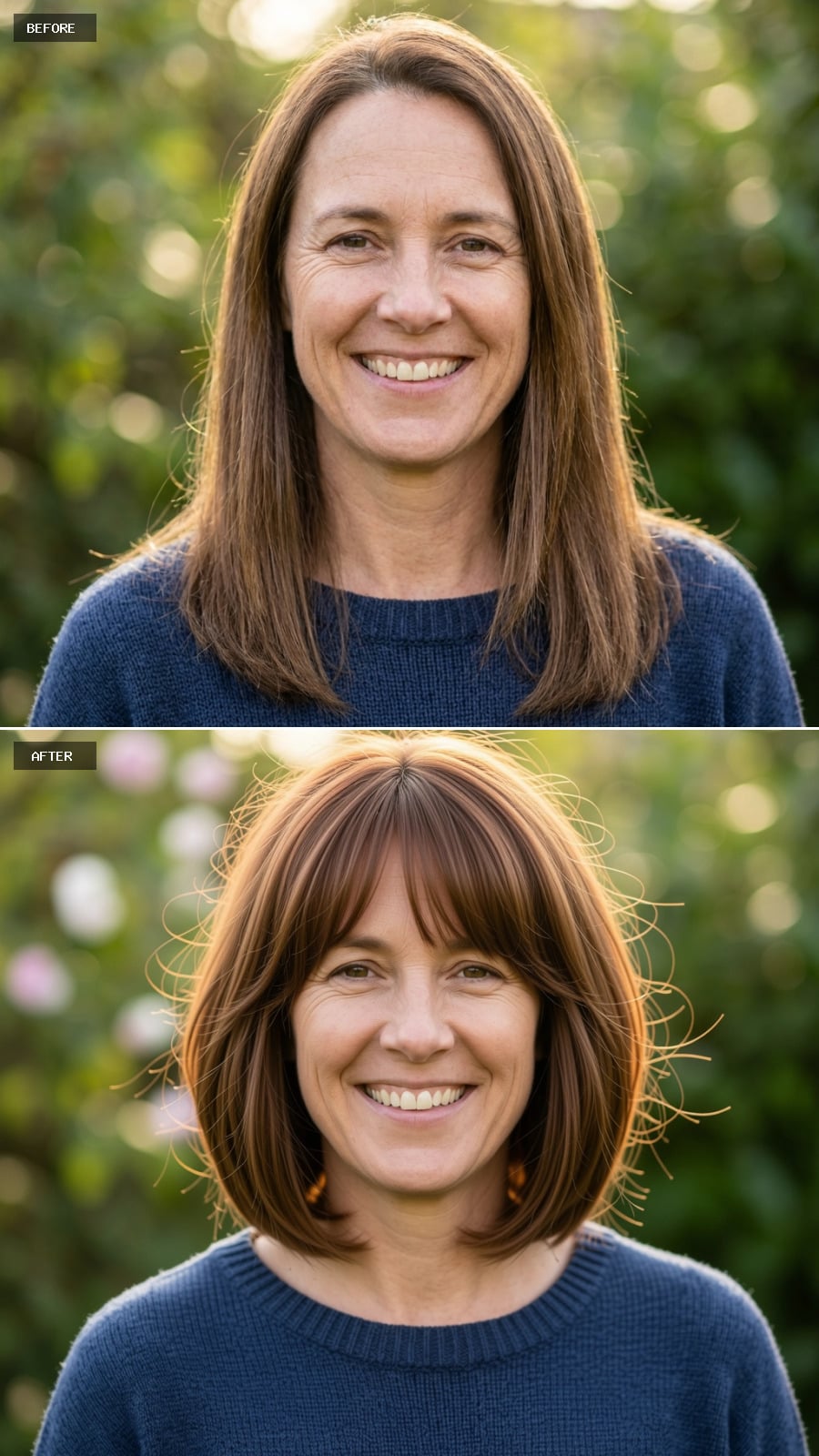 Bangs and a Bob Cut Years Off Long Brunette Hair in One Move