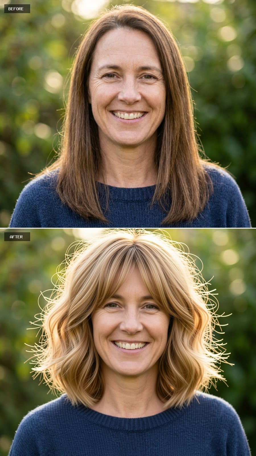 Wavy Blonde Bob With Fringe Cuts Through Plain Brunette Length