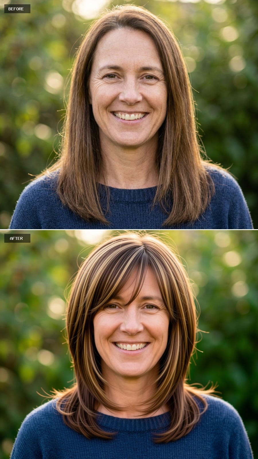 Layered Brunette With Caramel Highlights and Side-Swept Bangs Delivers What Length Alone Couldn't