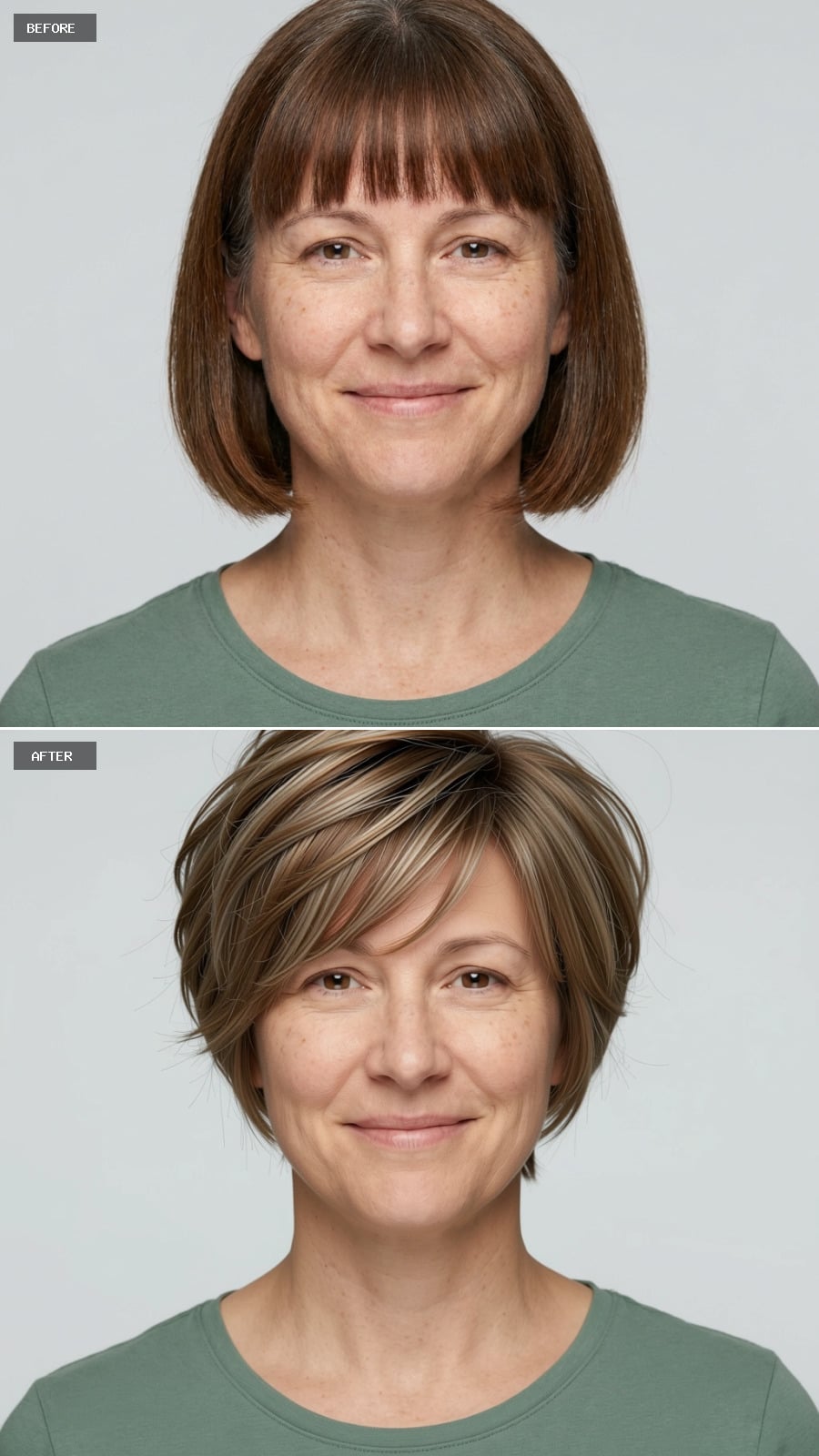 Highlighted Layers Cut Short: How Dimension Reads When Bangs Shift Sideways