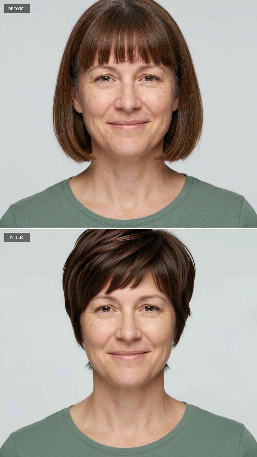 Cropped and Layered in Dark Brown: Side Sweep Over Bangs, Volume Over Length