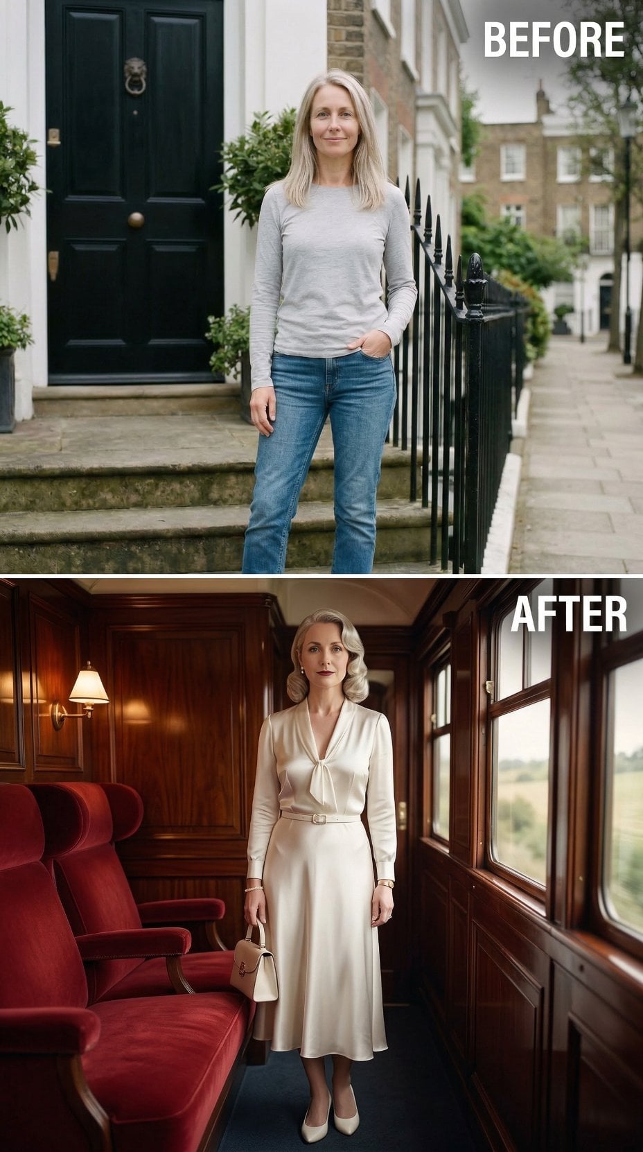 Champagne Satin Dress with Pussy-Bow Blouse Detail on Wood-Paneled Train