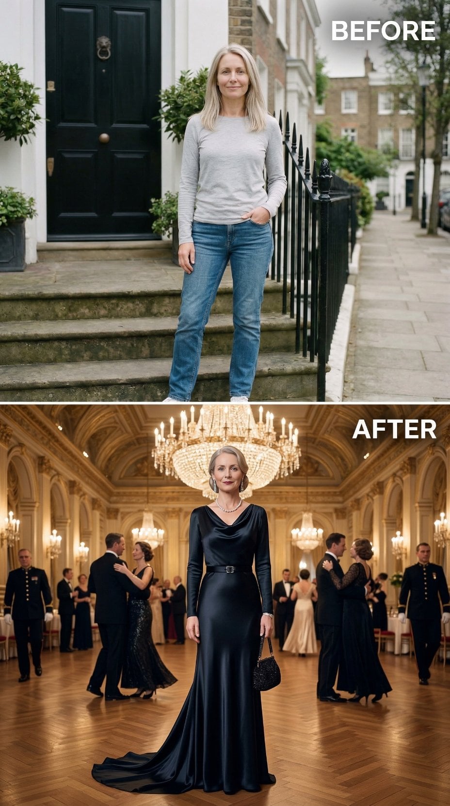 Navy Silk Gown with Draped Cowl and Belted Waist in Grand Palace Hall