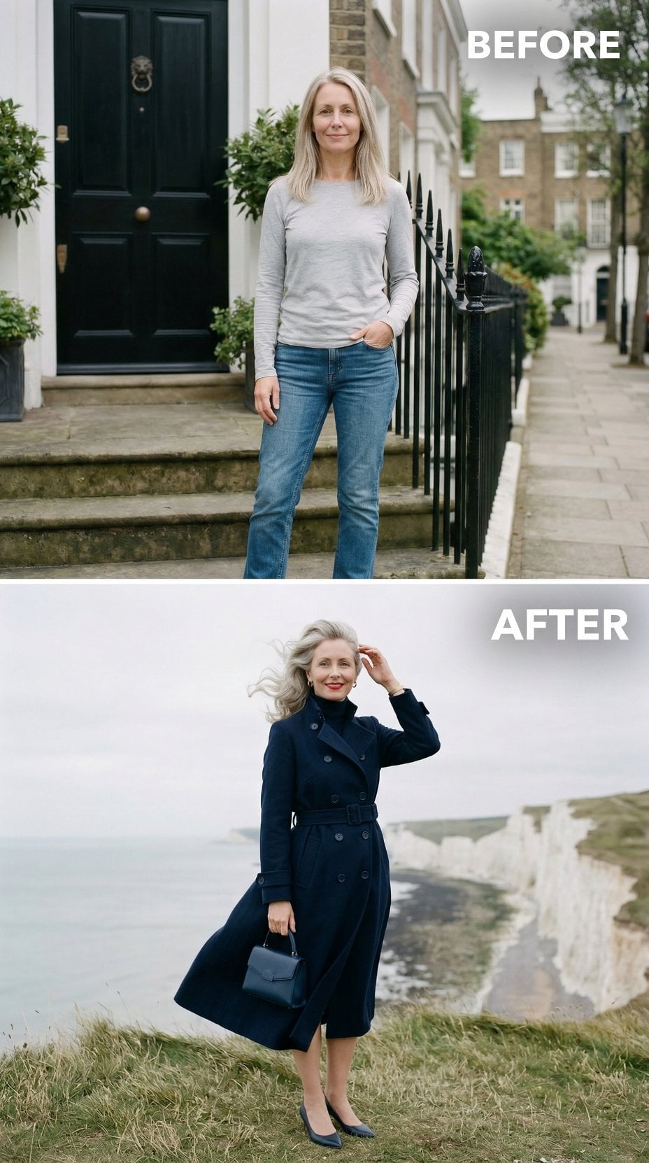 Navy Trench Coat at Windswept Cliffside with Structured Handbag