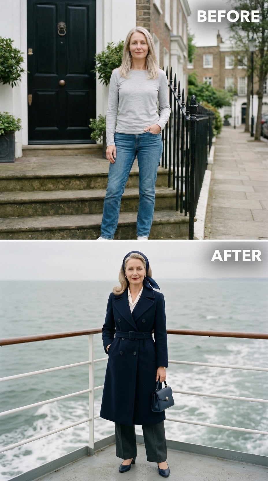 Belted Navy Trench on Ship Deck with Charcoal Headband