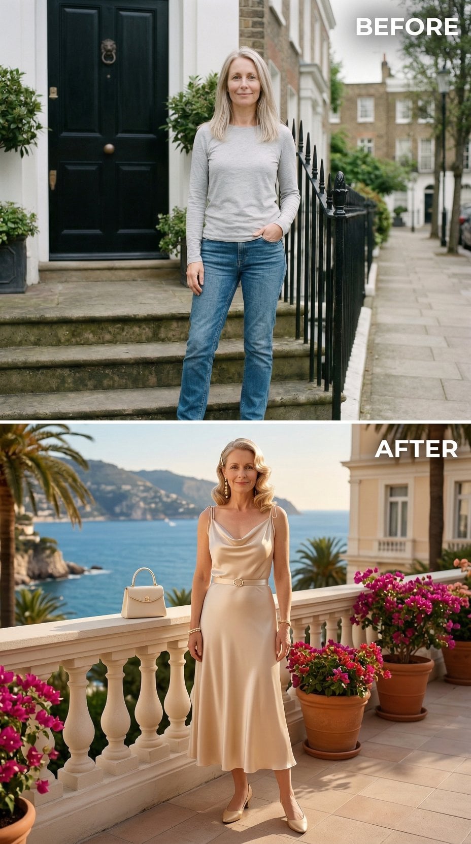 Champagne Silk Slip Dress with Cowl Neck on Mediterranean Terrace