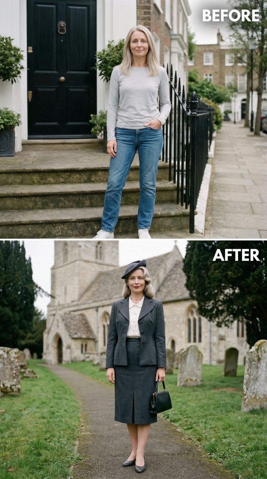 Charcoal Tweed Suit at Stone Church with Grey Felt Beret