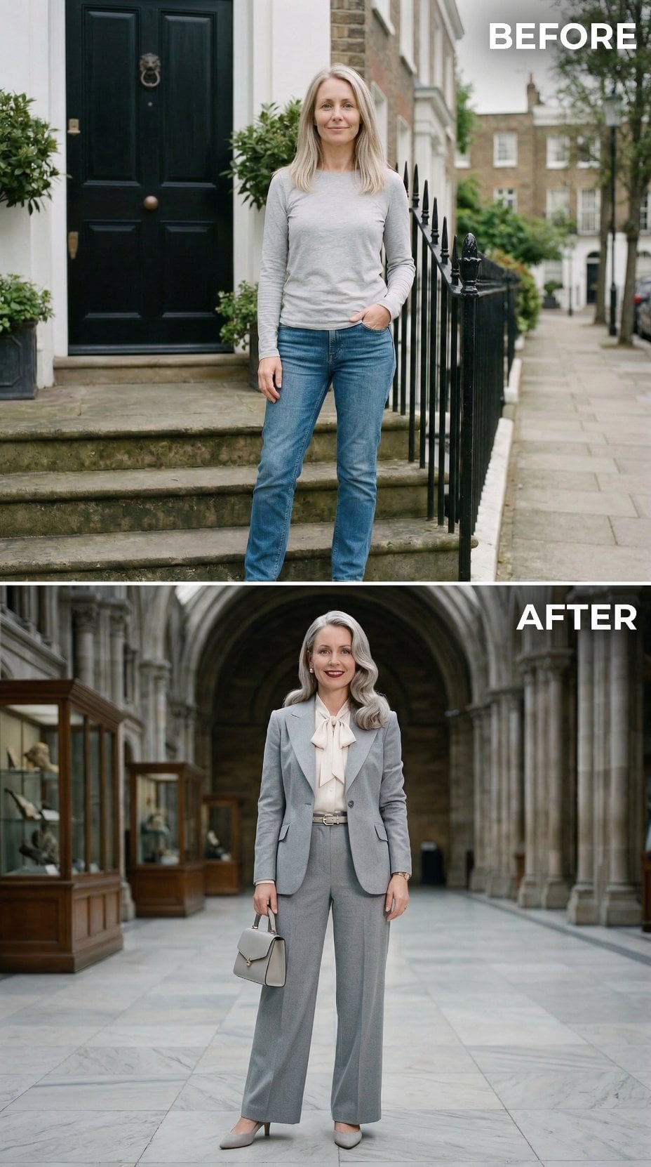 Grey Flannel Pantsuit with Ribbon-Tied Blouse in Columned Library