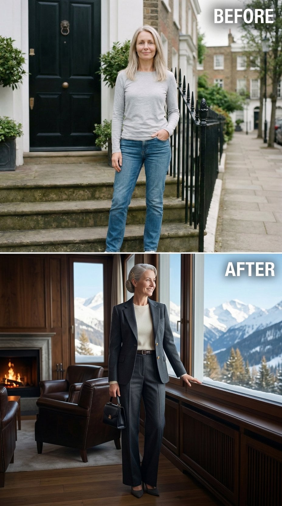 Charcoal Power Suit with Mountain Chalet Fireplace and Alpine Views