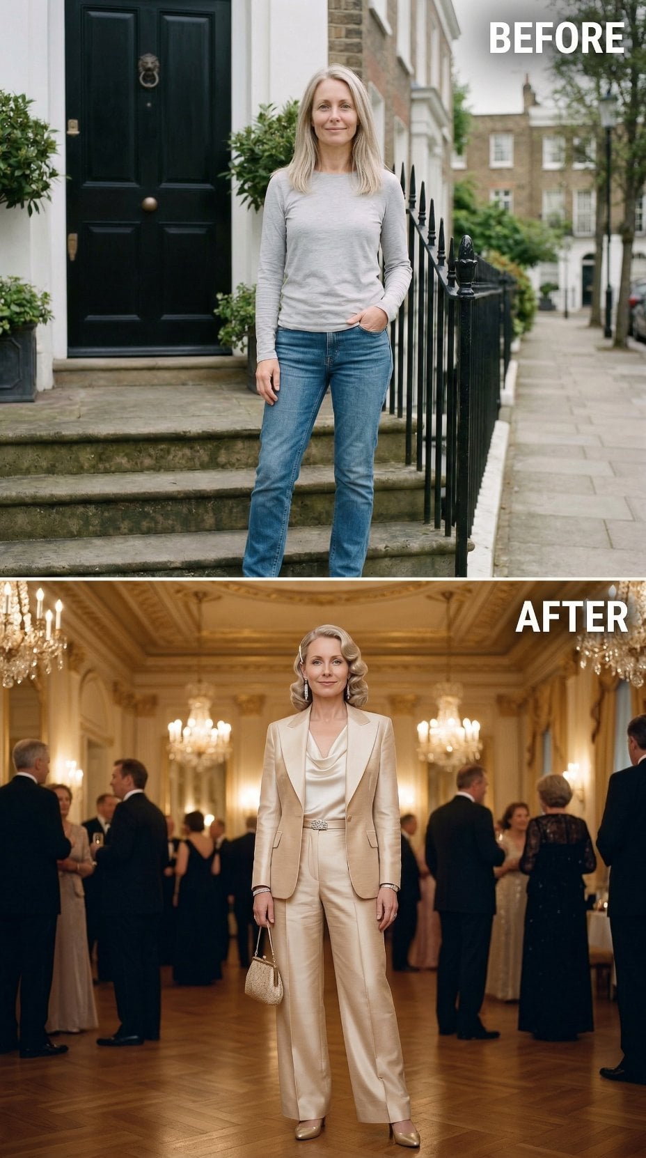 Ivory Satin Pantsuit in Crystal-Lit Ballroom with Sculptural Waves