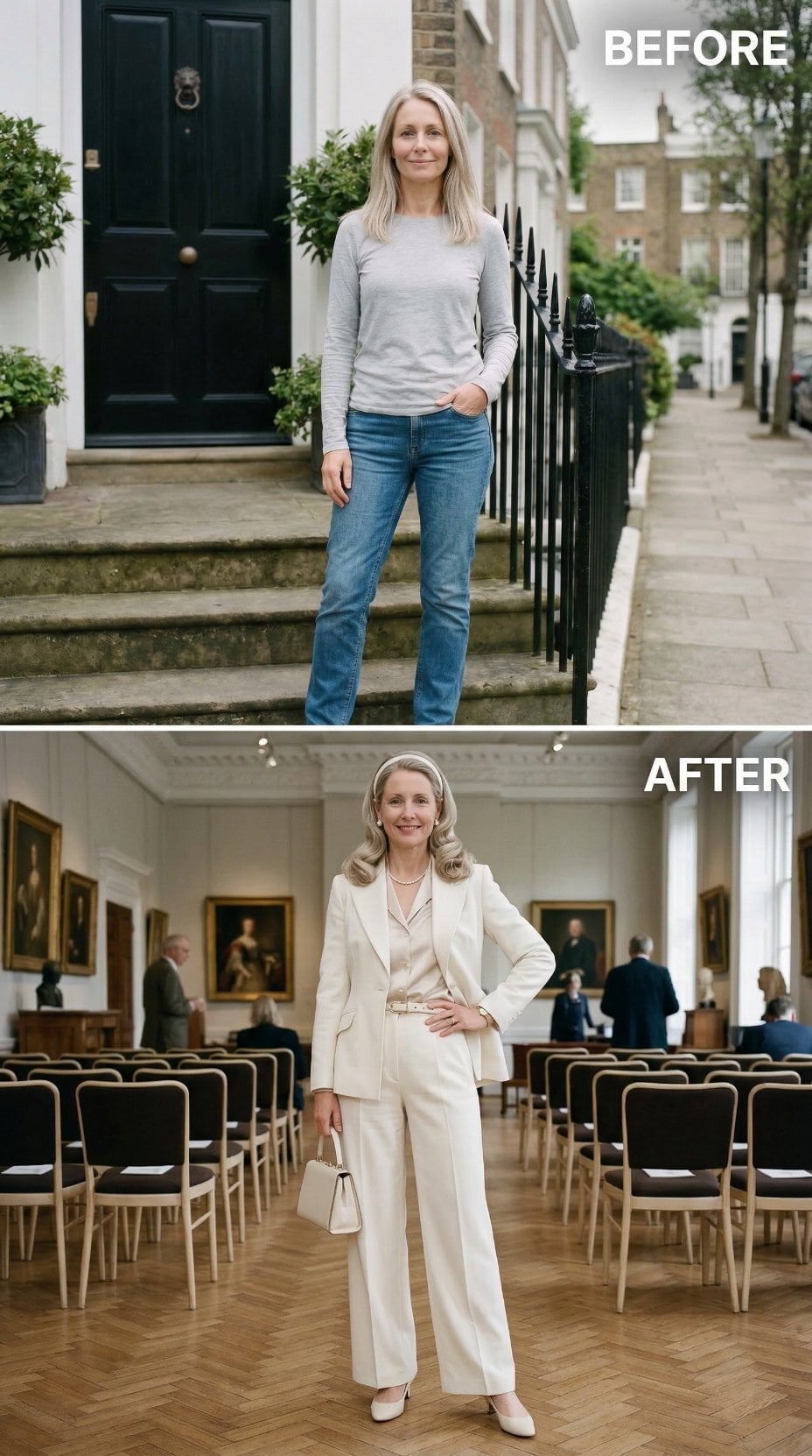 Cream Wool Blazer and Wide-Leg Trousers in Gallery Lined with Portraits