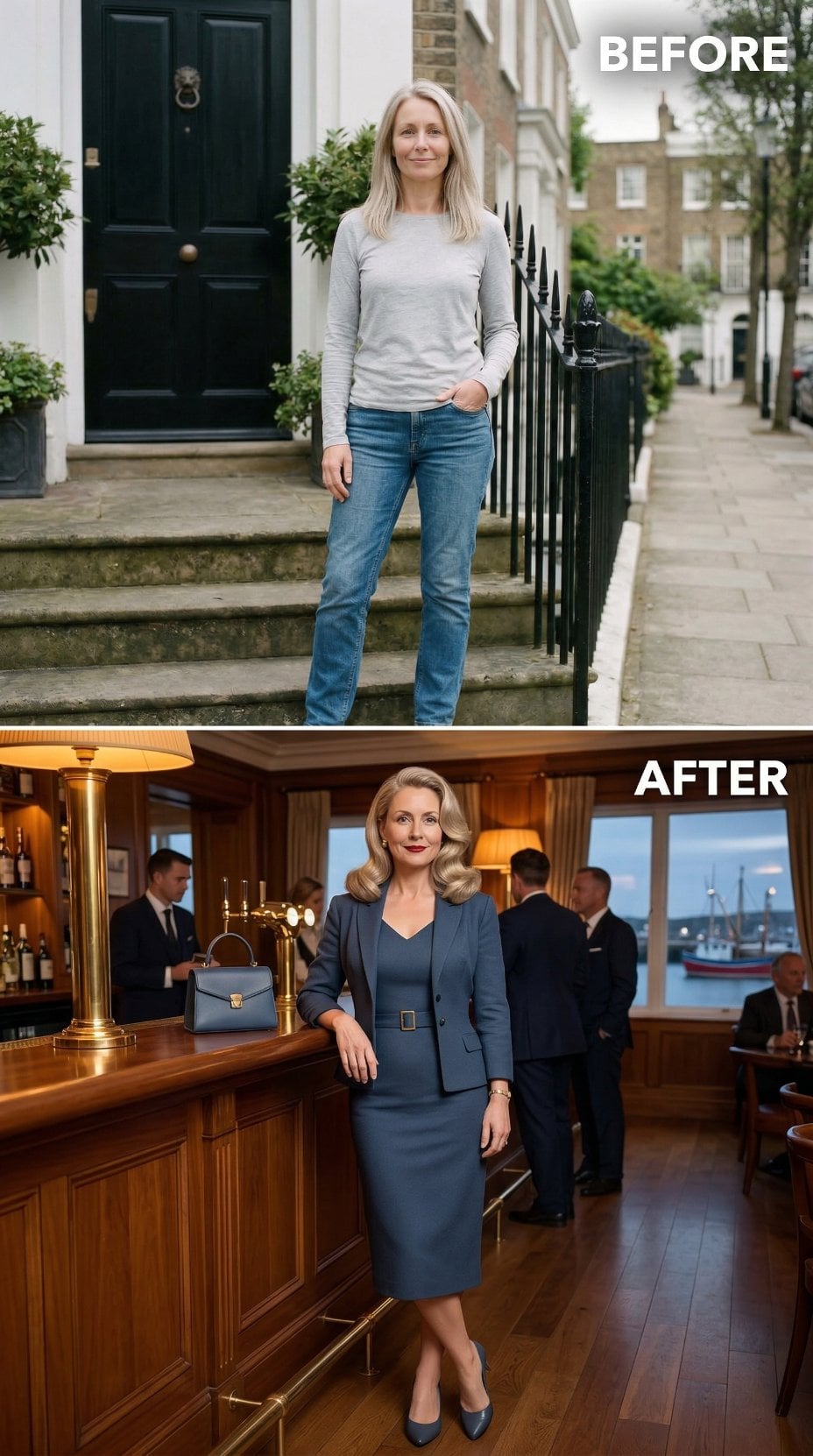 Slate Blue Skirt Suit with Belted Waist in Harbor-View Lounge