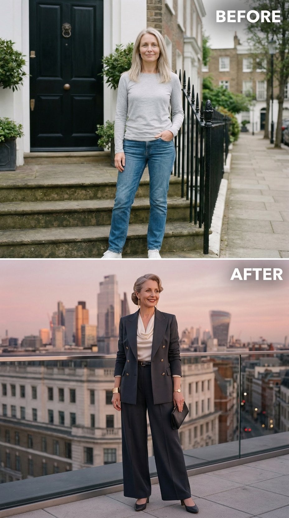 Tailored Black Blazer and Wide-Leg Trousers on Rooftop at Golden Hour