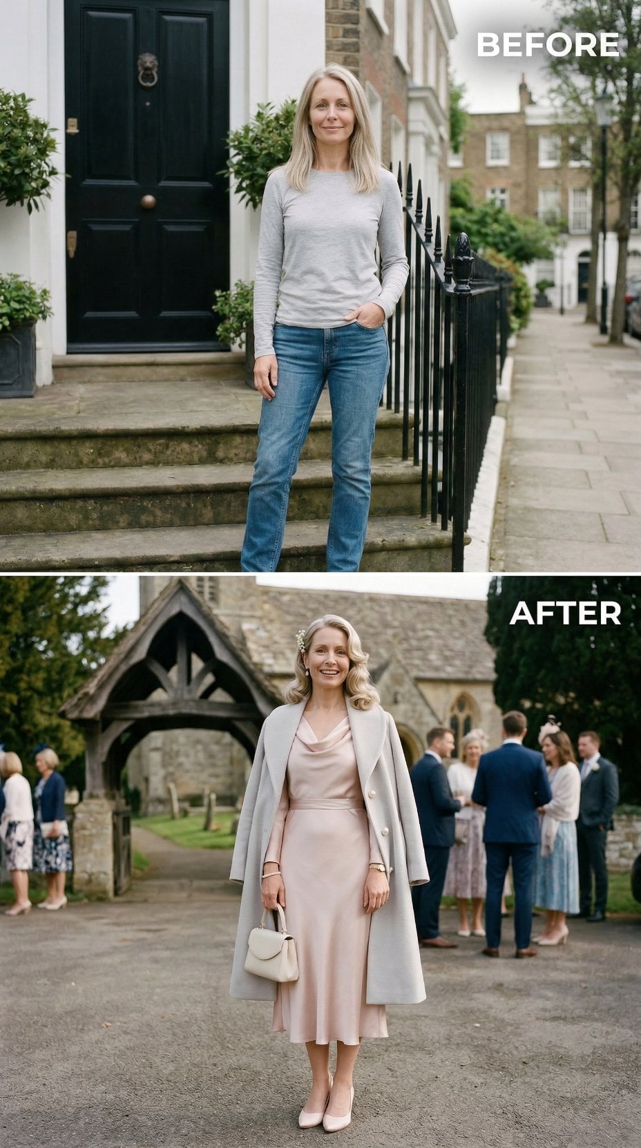 Blush Silk Bias-Cut Dress with Long Pale Grey Coat at Church Gate