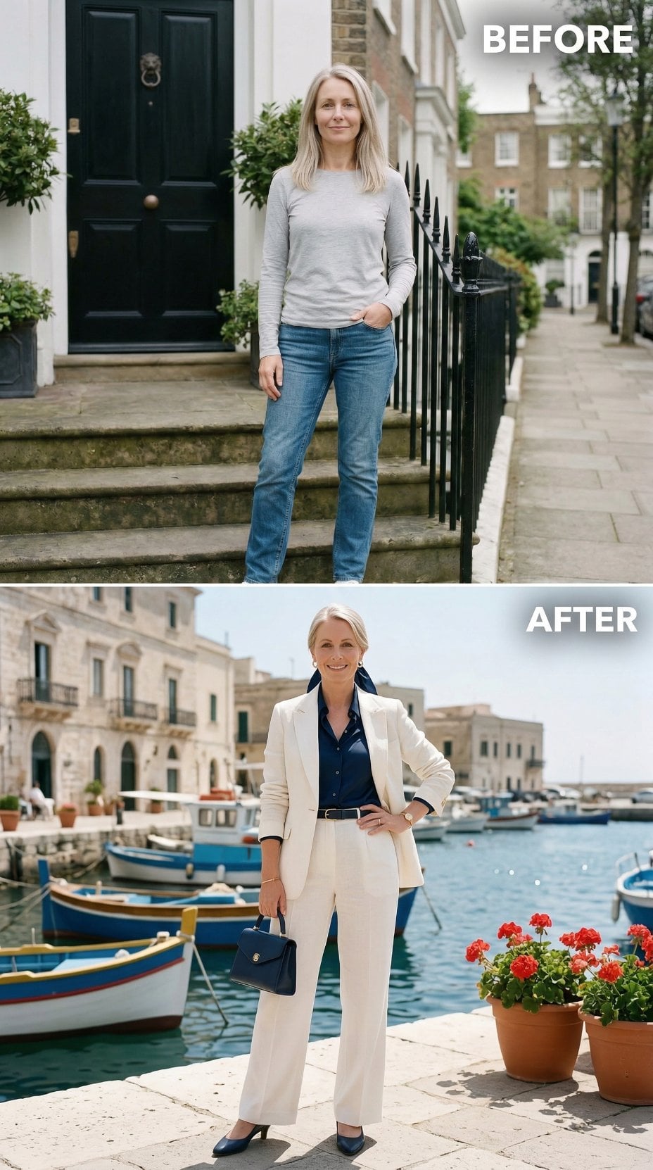 White Linen Suit and Navy Silk Blouse on Sun-Drenched Italian Harbor