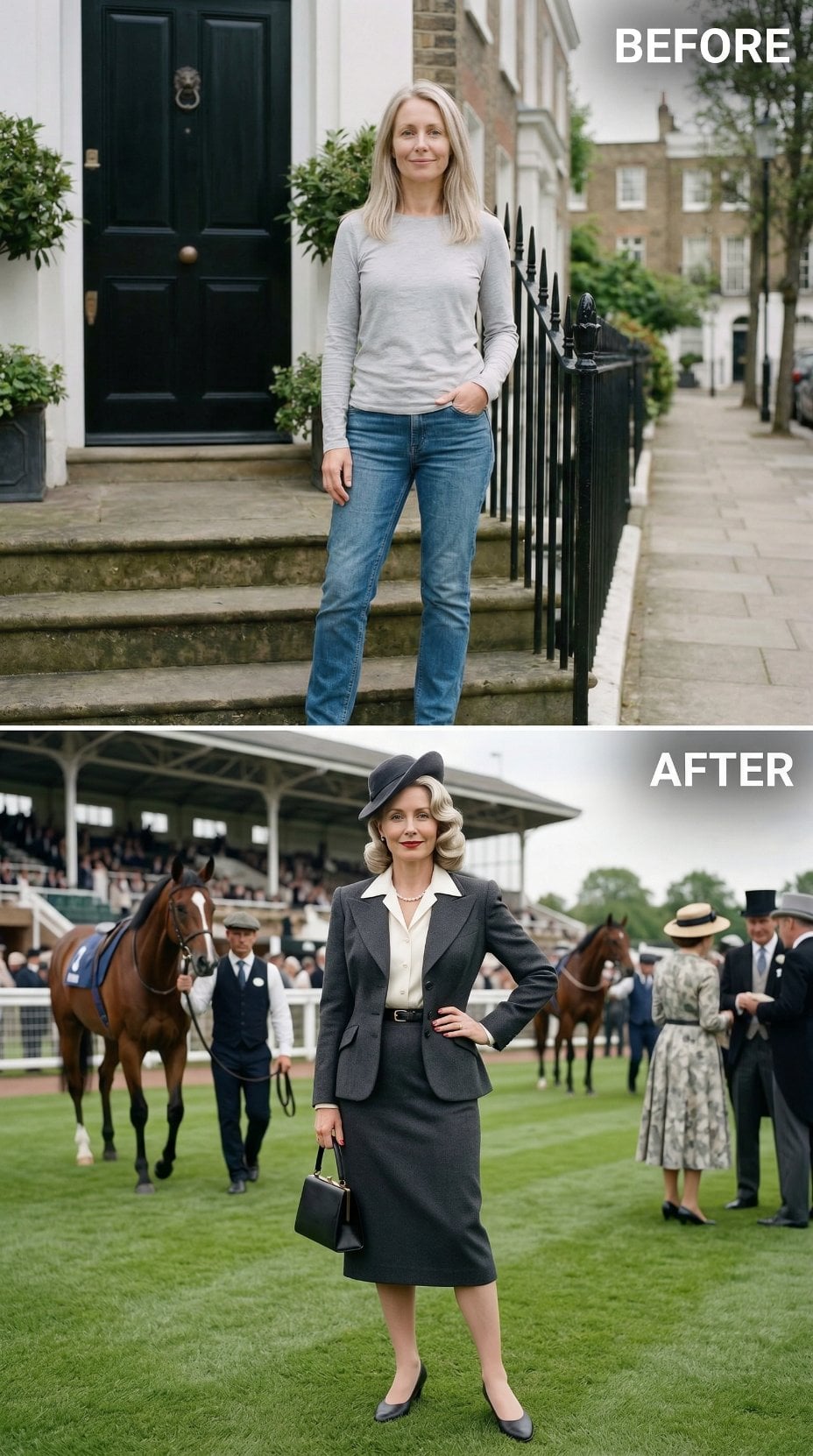 Charcoal Skirt Suit with Peaked Lapels at Equestrian Event