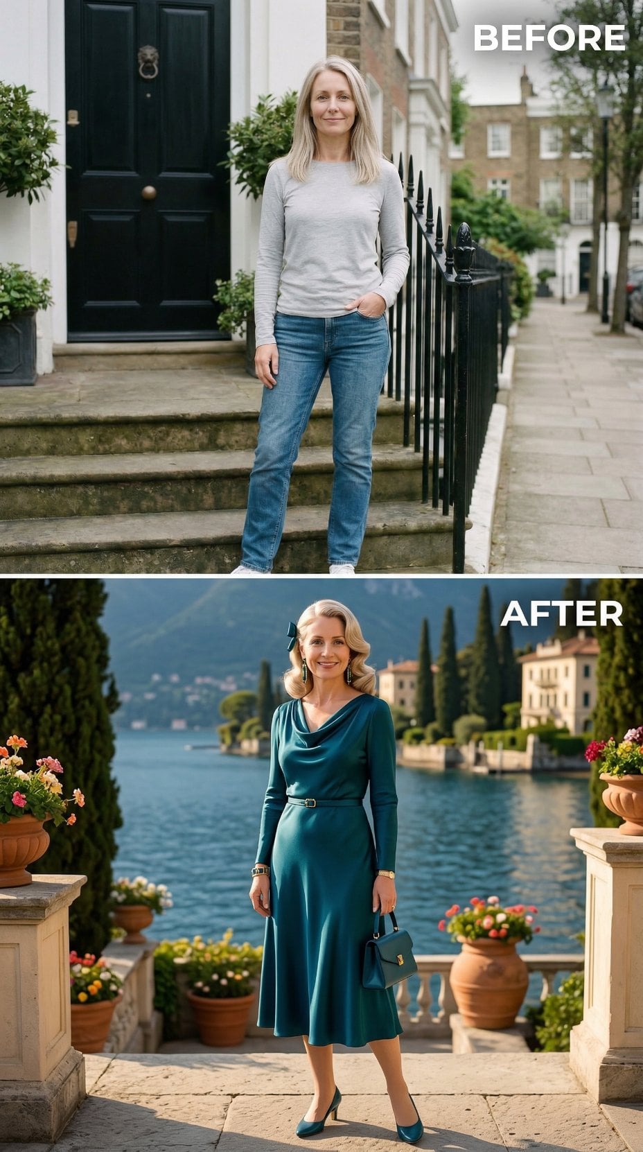 Teal Silk Dress with Cowl Neck and Belt at Italian Lakeside Villa