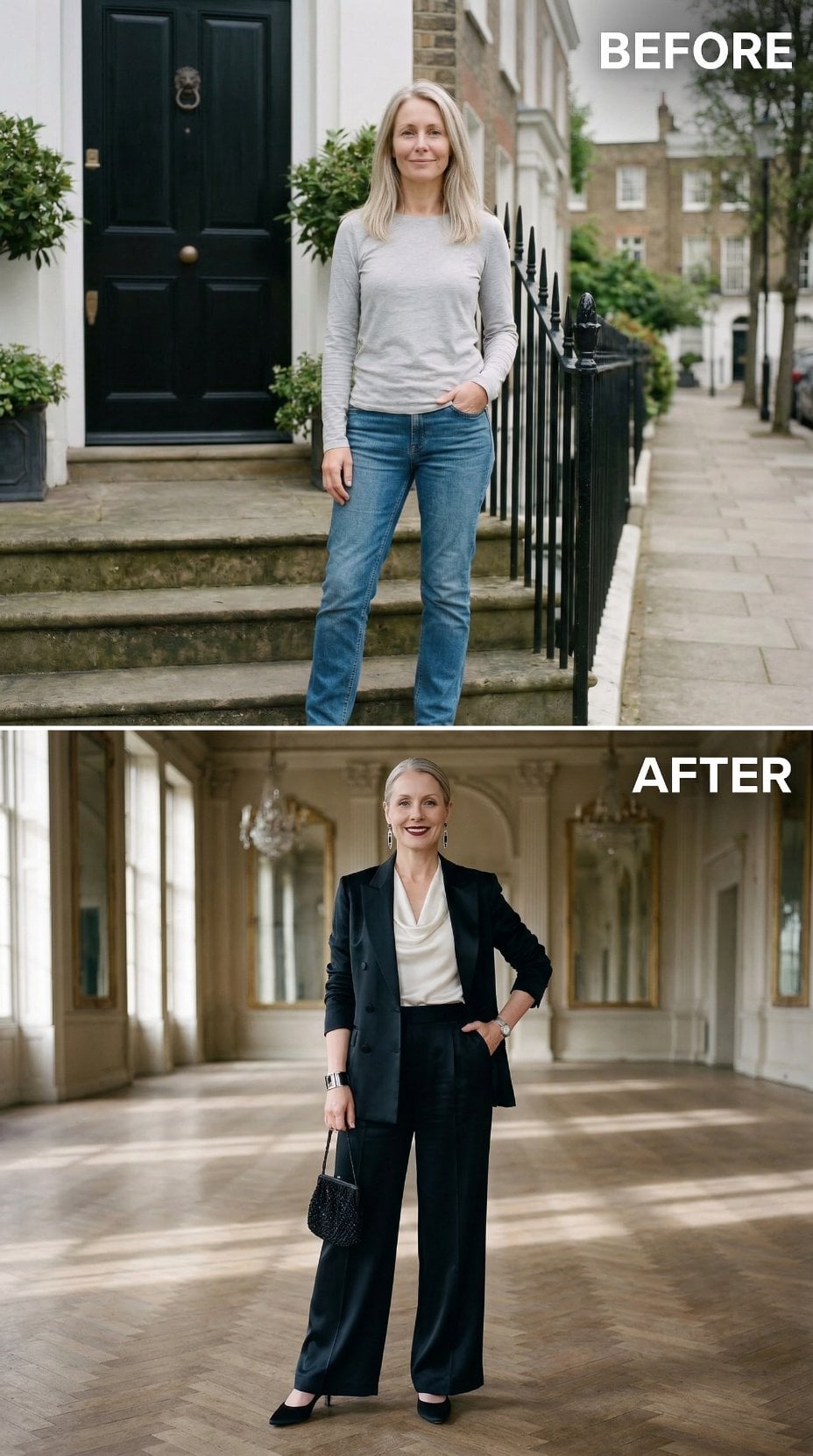 Fitted Black Blazer and Silk Trousers in Parquet-Floored Ballroom