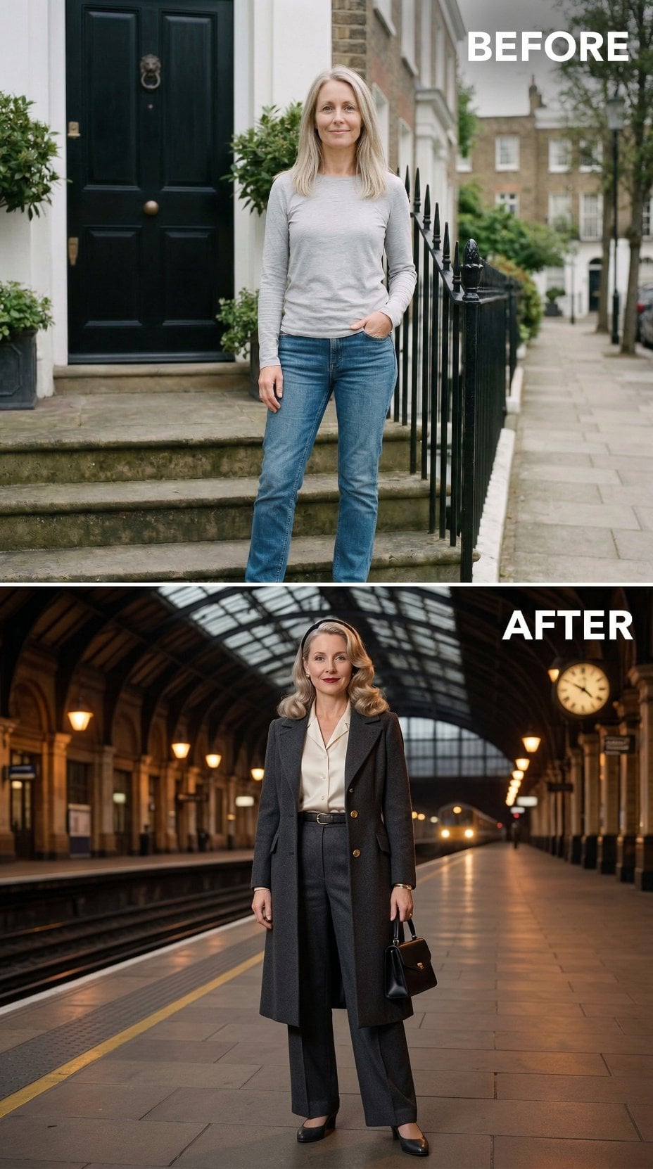 Charcoal Coat Over Ivory Blouse on Platform Under Station Clock