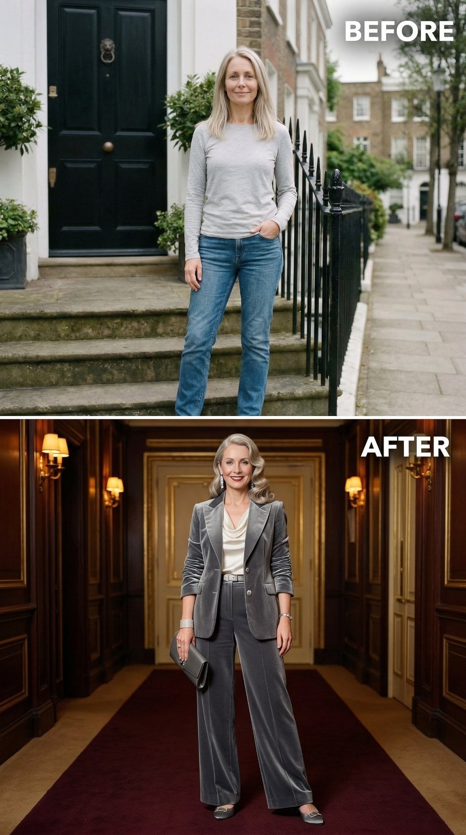 Grey Velvet Suit with Ivory Drape-Neck Blouse in Candlelit Hotel