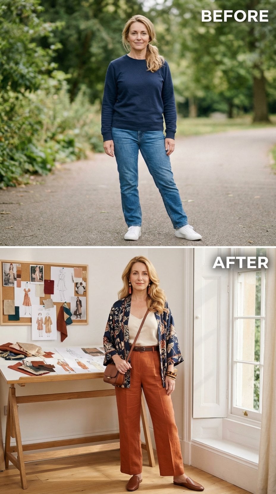 Floral Kimono Jacket Over Rust Wide-Leg Trousers Directs the Creative Studio