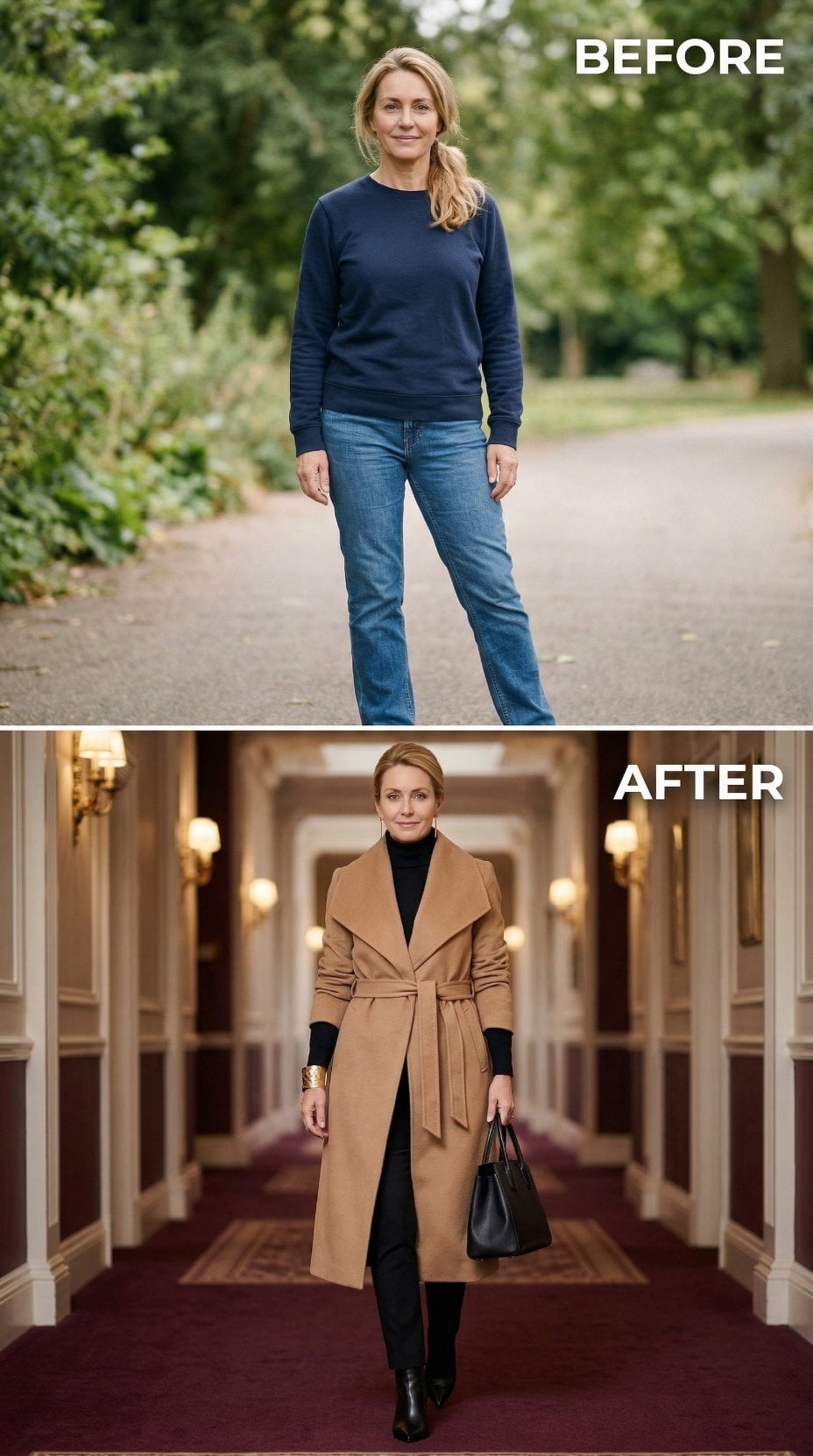 Camel Wrap Coat Over Turtleneck Blacks Directs the Hotel Corridor