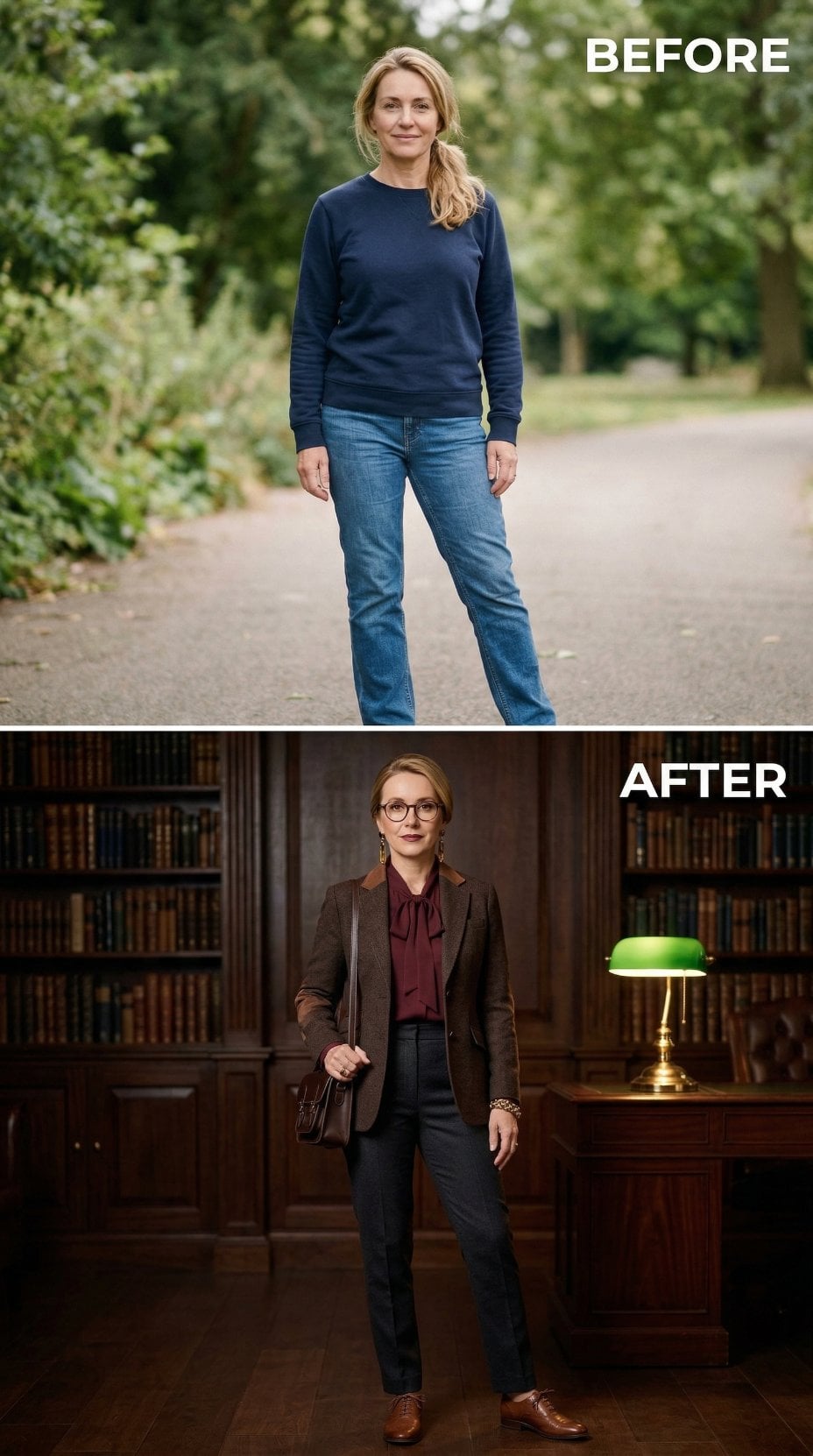 Brown Blazer Over Burgundy Pussy-Bow Blouse Authors the Library Office