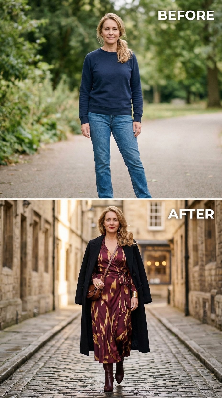 Burgundy Abstract Print Wrap Dress Beneath Long Coat Produces Cobblestone Drama