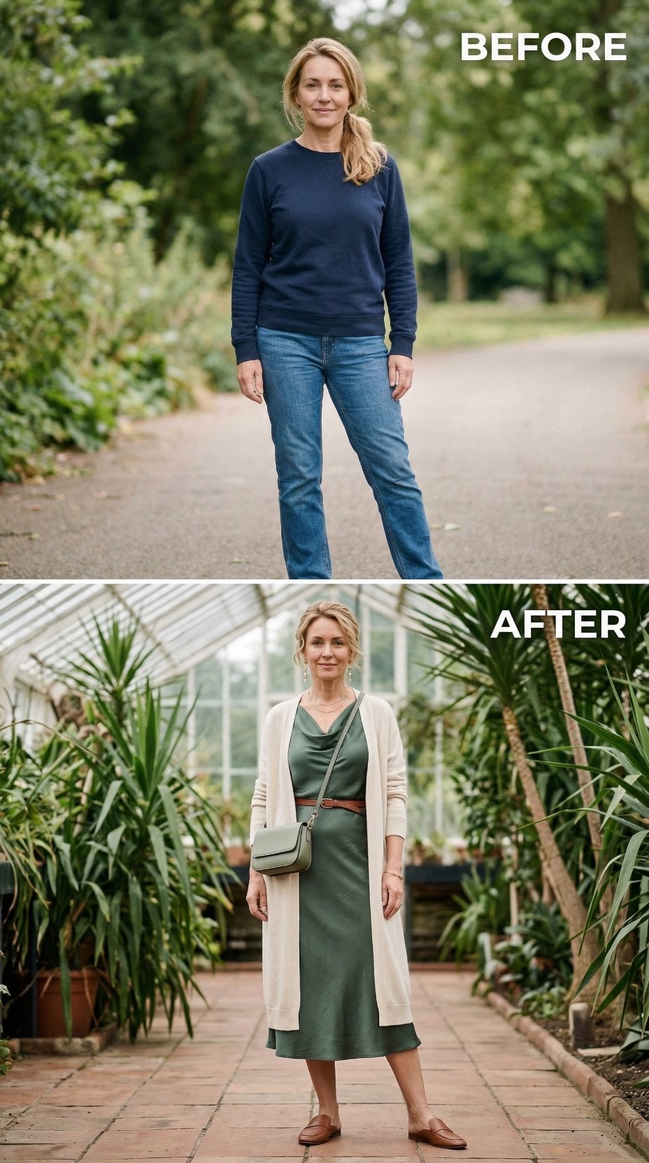 Long Cream Cardigan Over Sage Slip Dress Rehearses the Greenhouse Epilogue