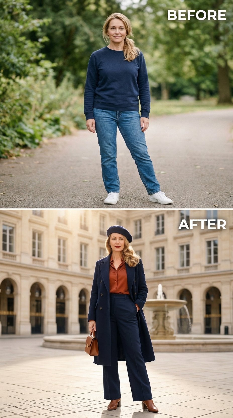 Navy Tailored Coat Over Rust Silk Collared Blouse Directs Parisian Plaza