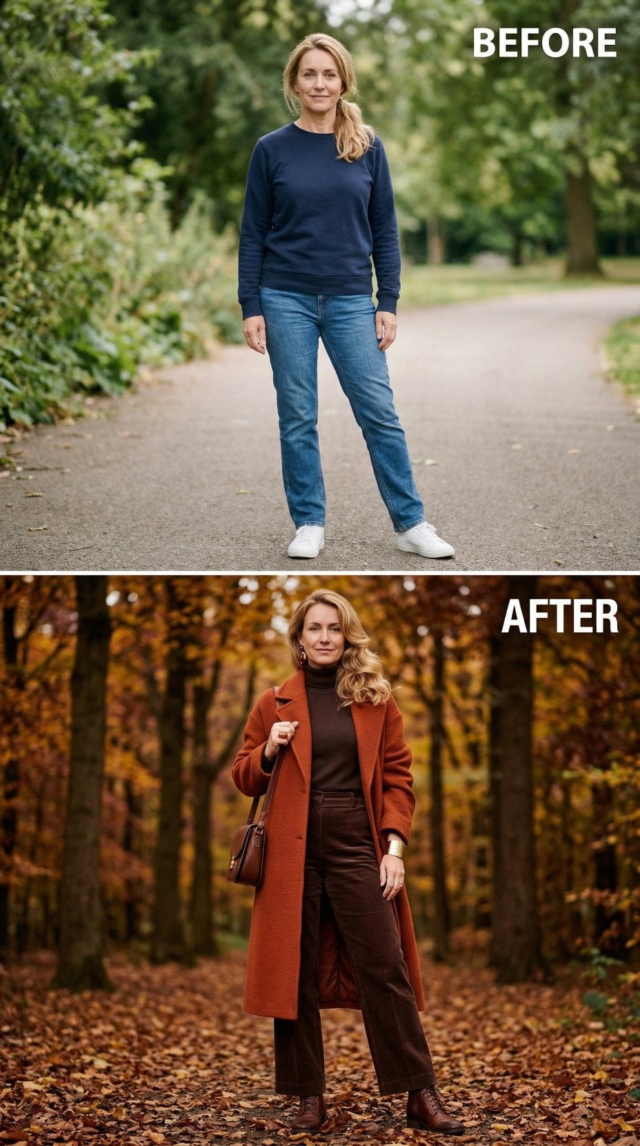 Rust Wool Coat Over Brown Turtleneck Cues Forest Floor Drama