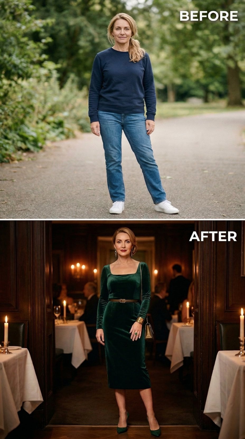 Deep Emerald Velvet Sheath with Square Neckline Enters Candlelit Dining