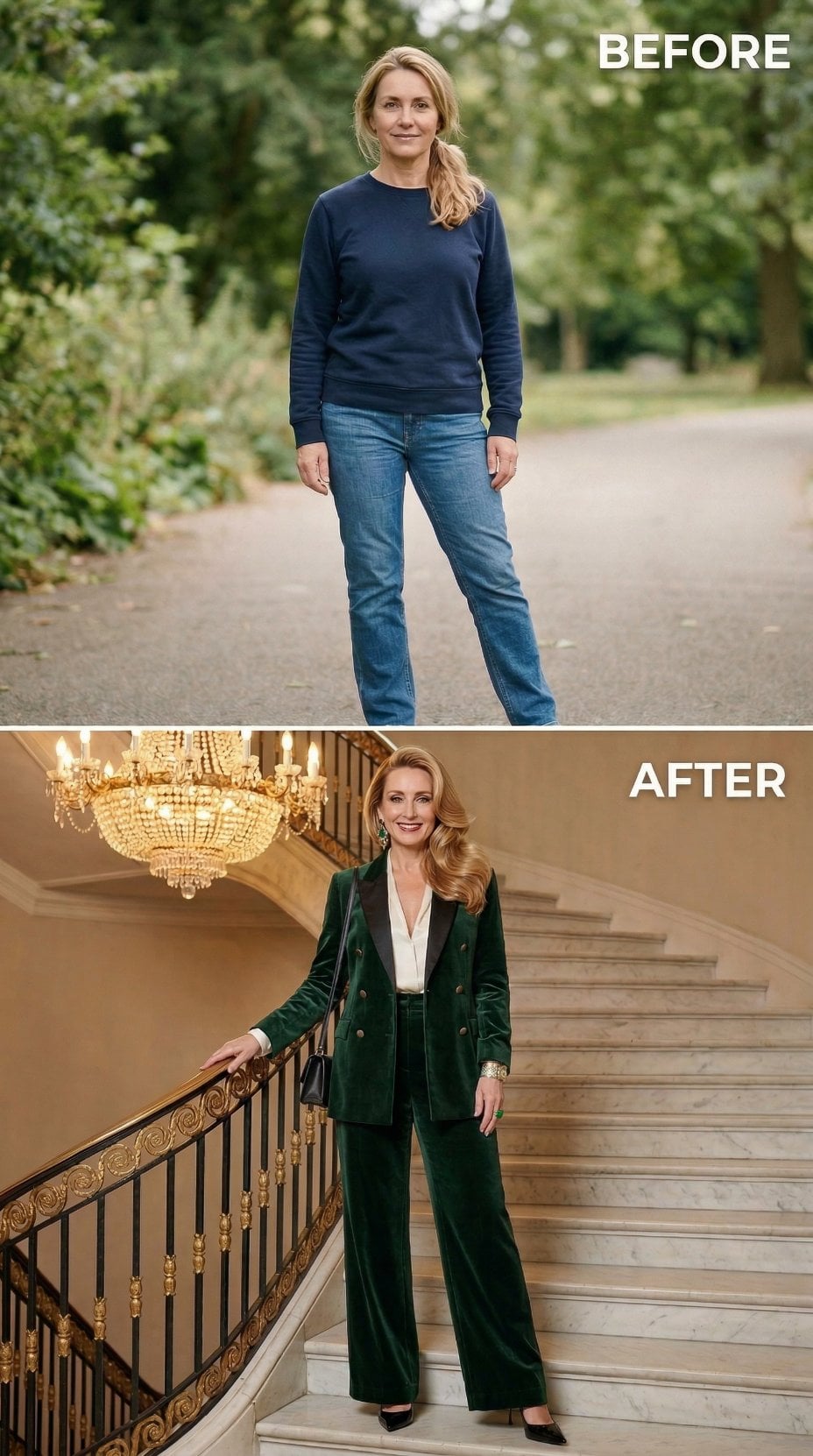 Deep Hunter Green Velvet Suit Over Ivory Silk Frames Grand Staircase