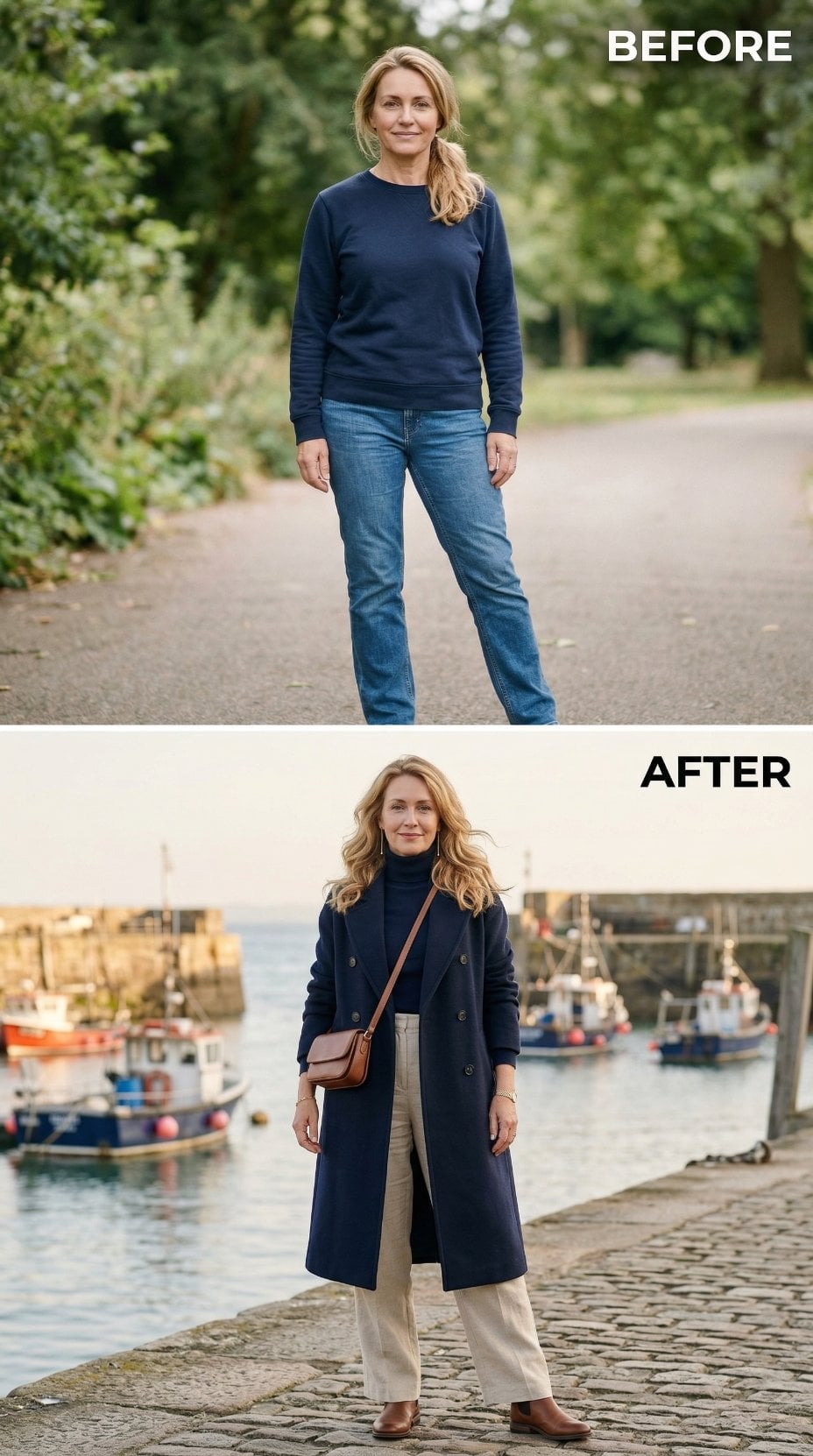 Double-Breasted Navy Wool Coat Over Black Turtleneck Stages Harbor Exit