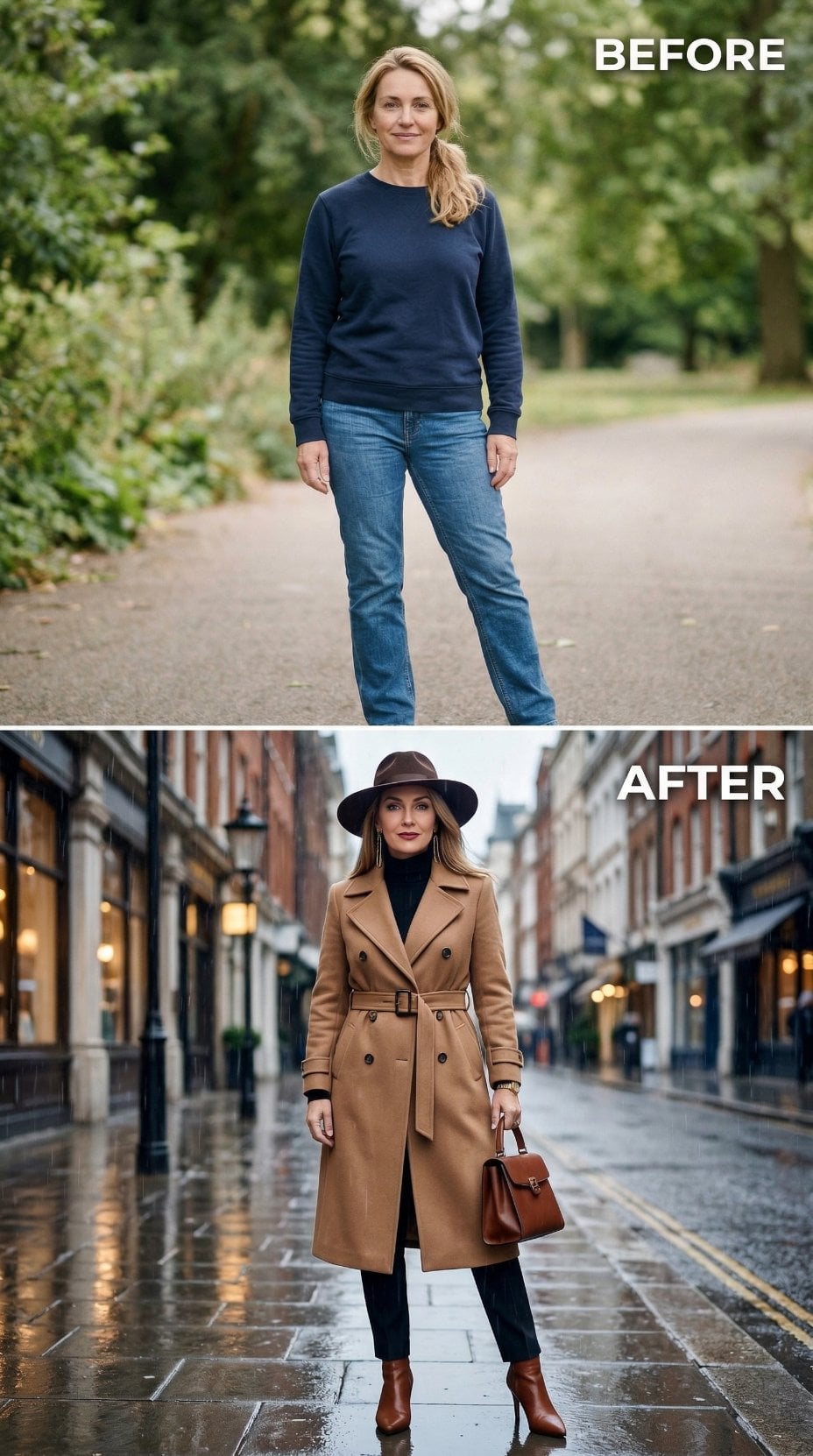 Camel Trench Over Black Turtleneck Conjures Rain-Slicked City Street