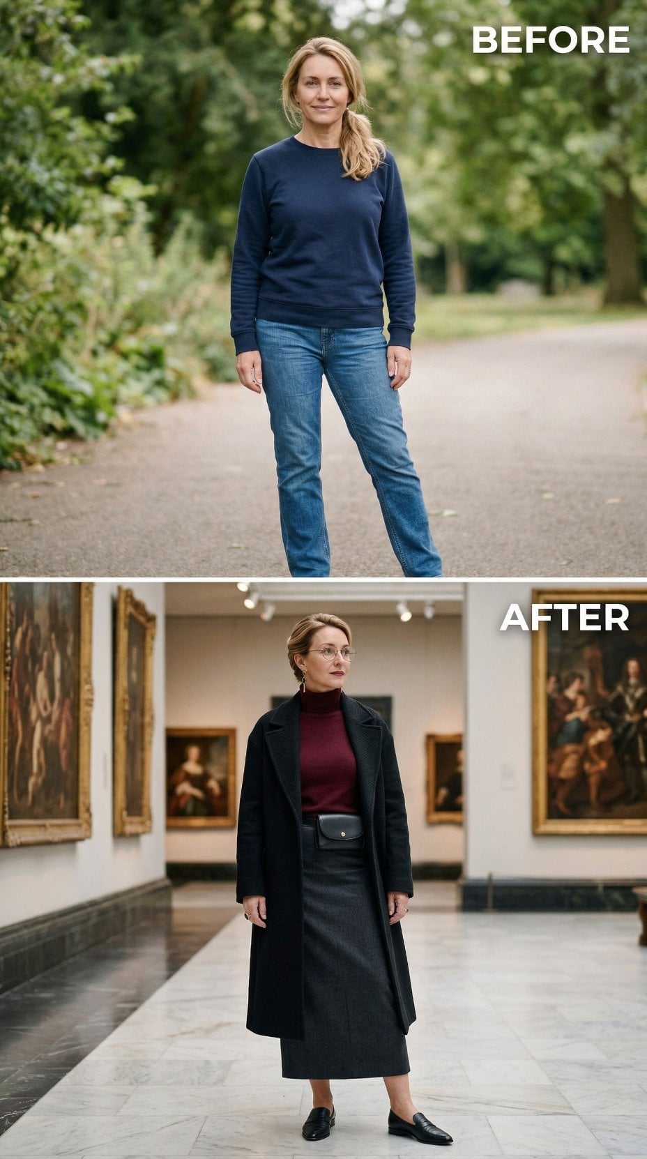 Long Black Wool Coat Over Burgundy Turtleneck Commands Museum Gallery