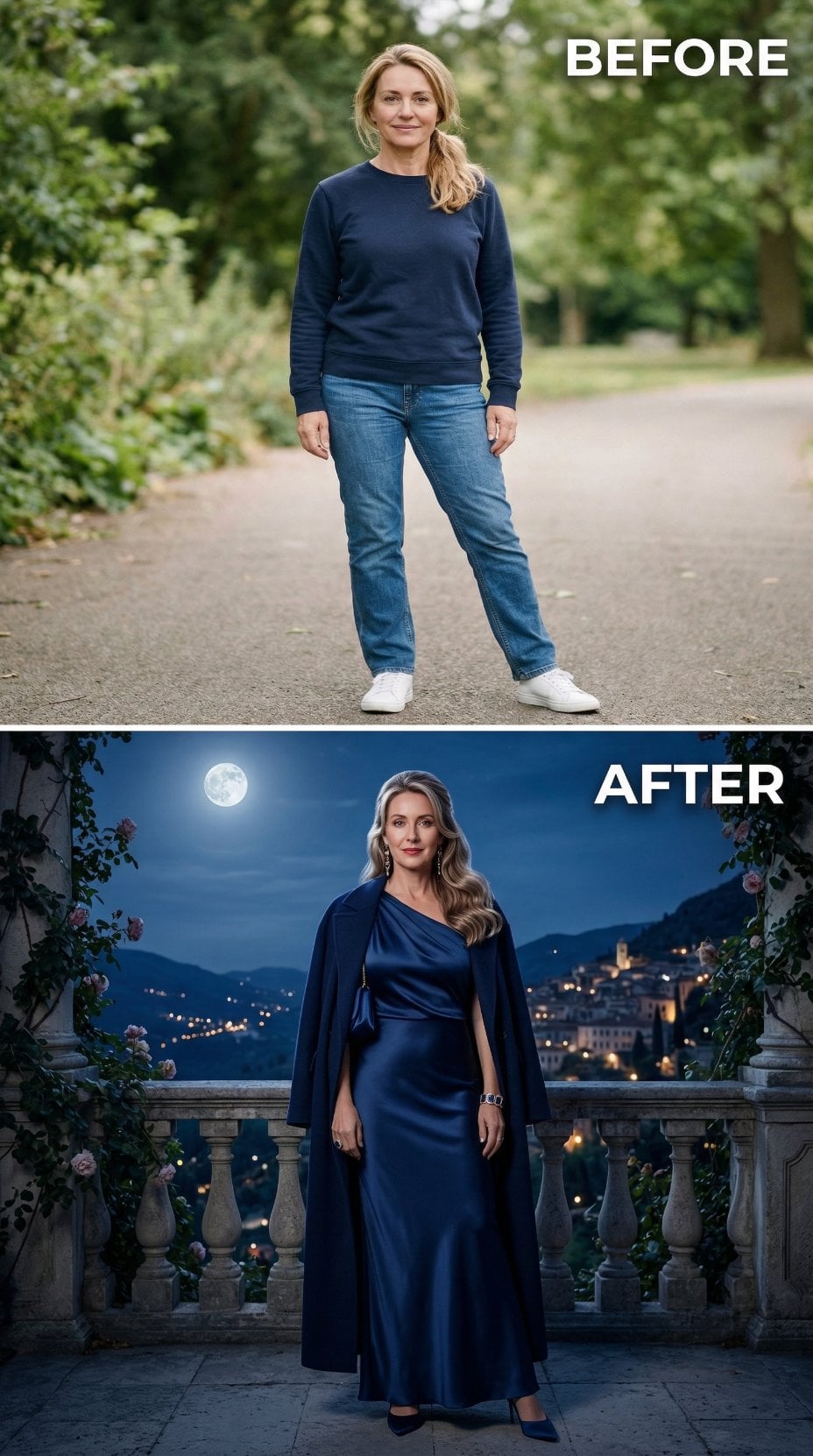 Sapphire One-Shoulder Gown with Draped Cape Orchestrates Moonlit Terrace