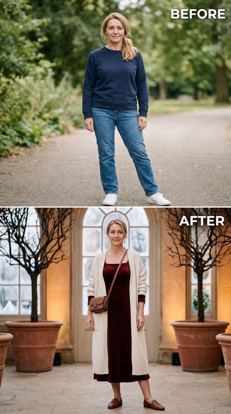 Burgundy Velvet Midi with Long Ivory Cardigan Stages Formal Foyer
