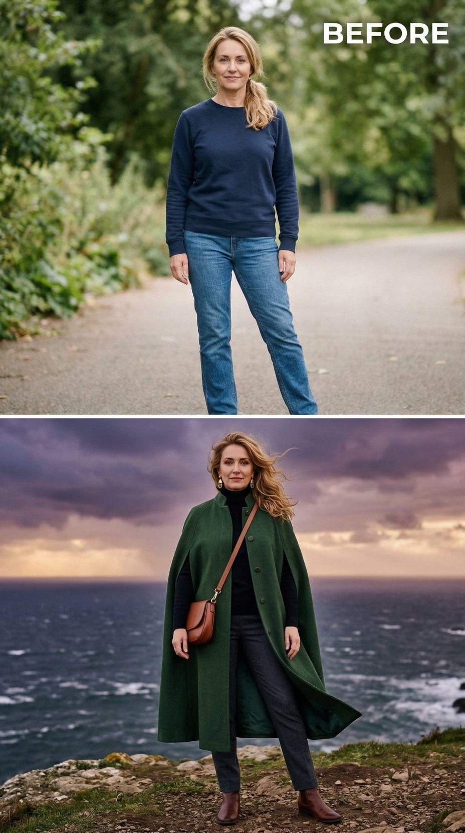 Forest Green Cape Coat Over Black Turtleneck Opens Windswept Cliff