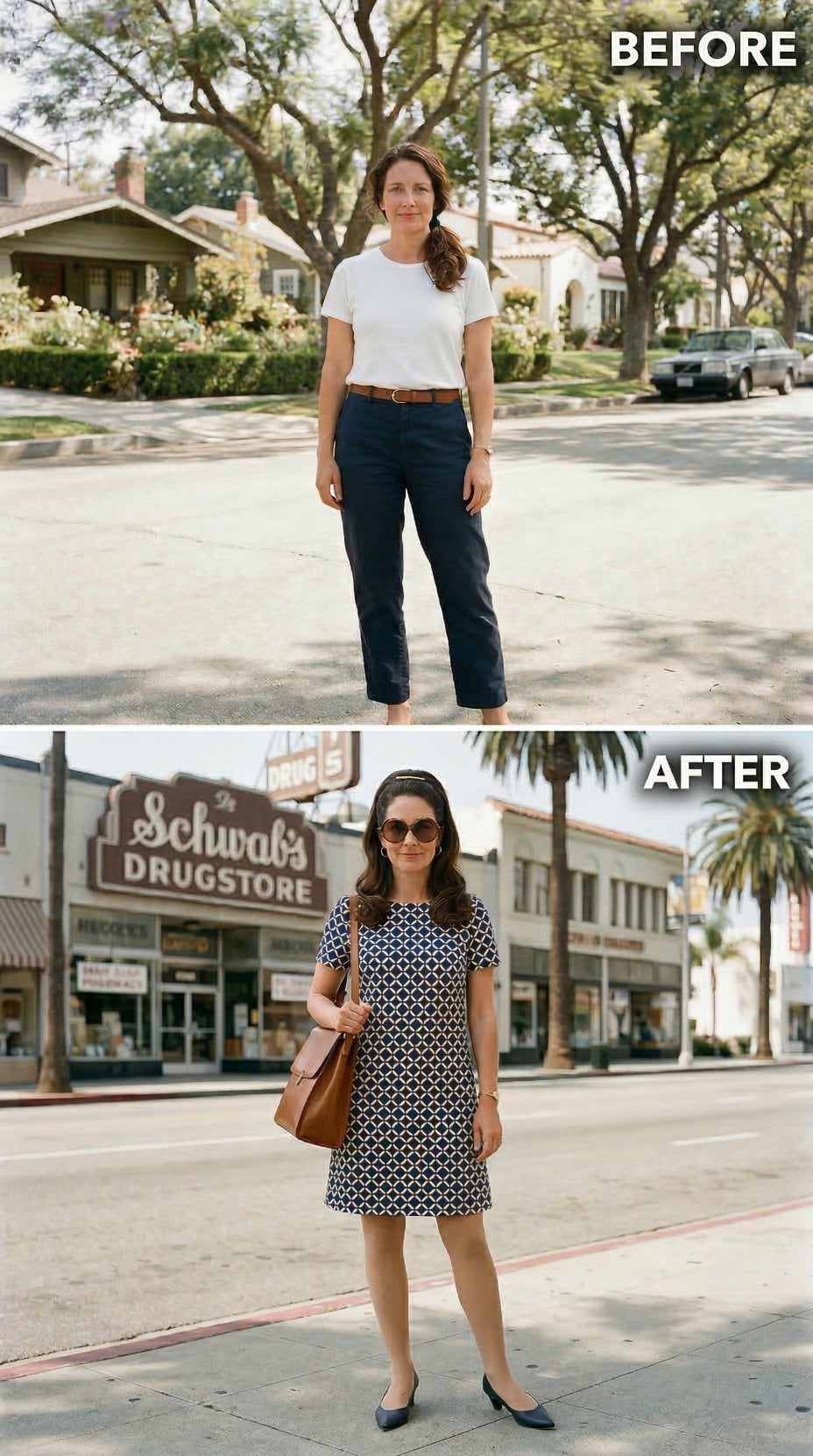Schwab's Drugstore as Backdrop, Navy Geo Shift as the Costume Choice That Rewrote Her Whole Errand Energy