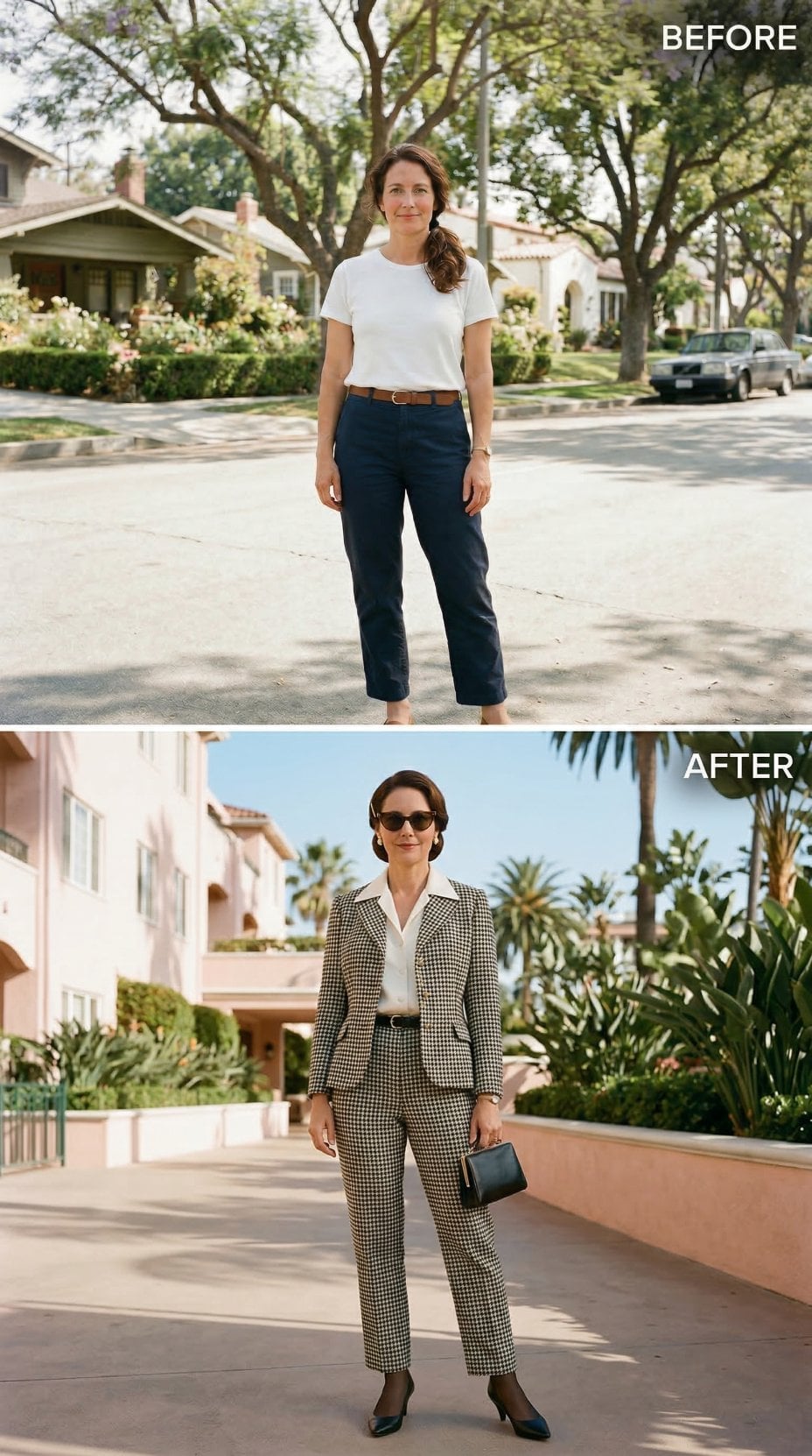 Houndstooth Suit, Cat-Eye Shades, Box Clutch — Errand Run Recast as a 1960s Film Set