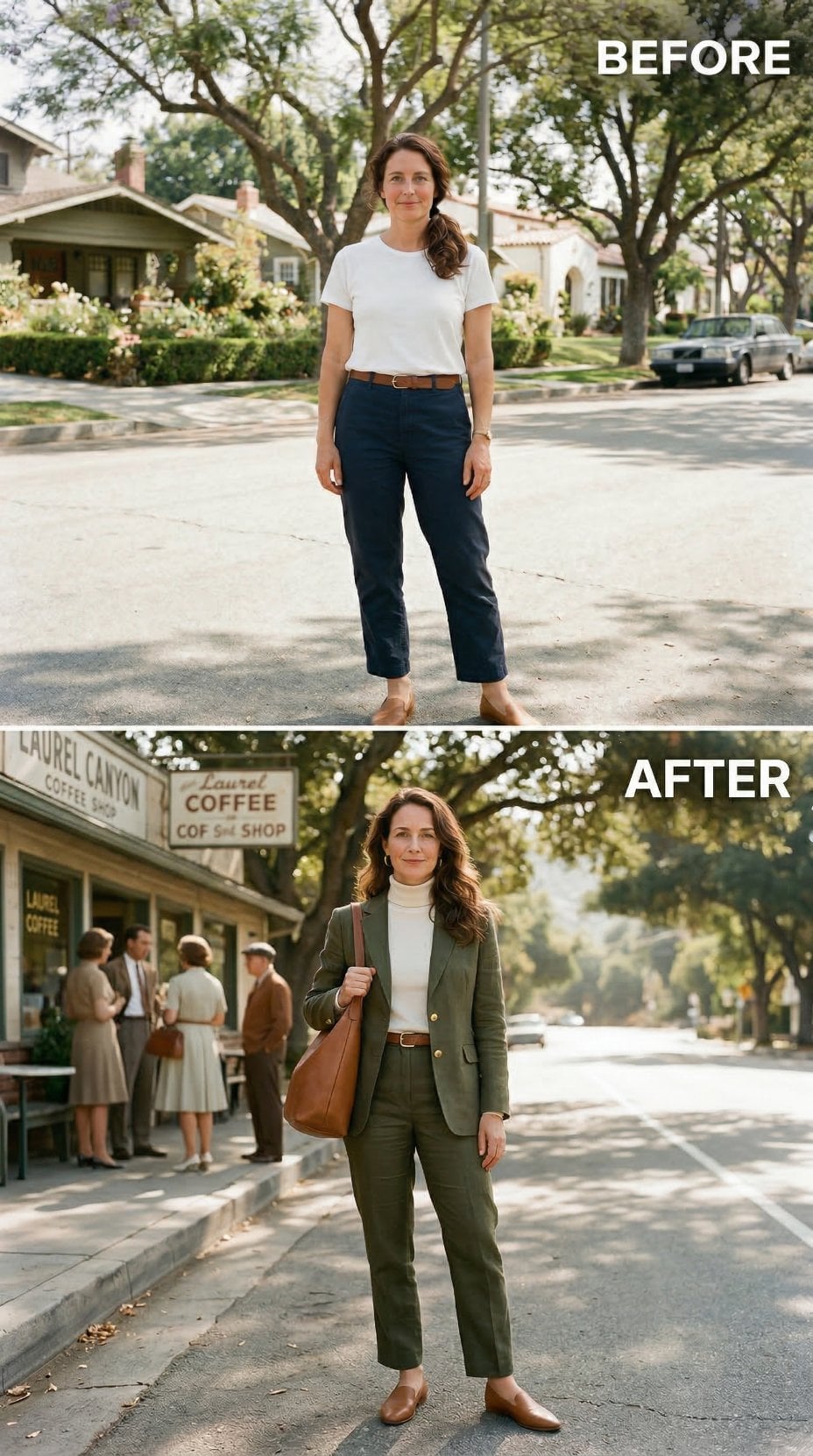 Olive Tweed Suit, Gold Buttons, Turtleneck Layer — Errand Run Recast as a Laurel Canyon Sidebar