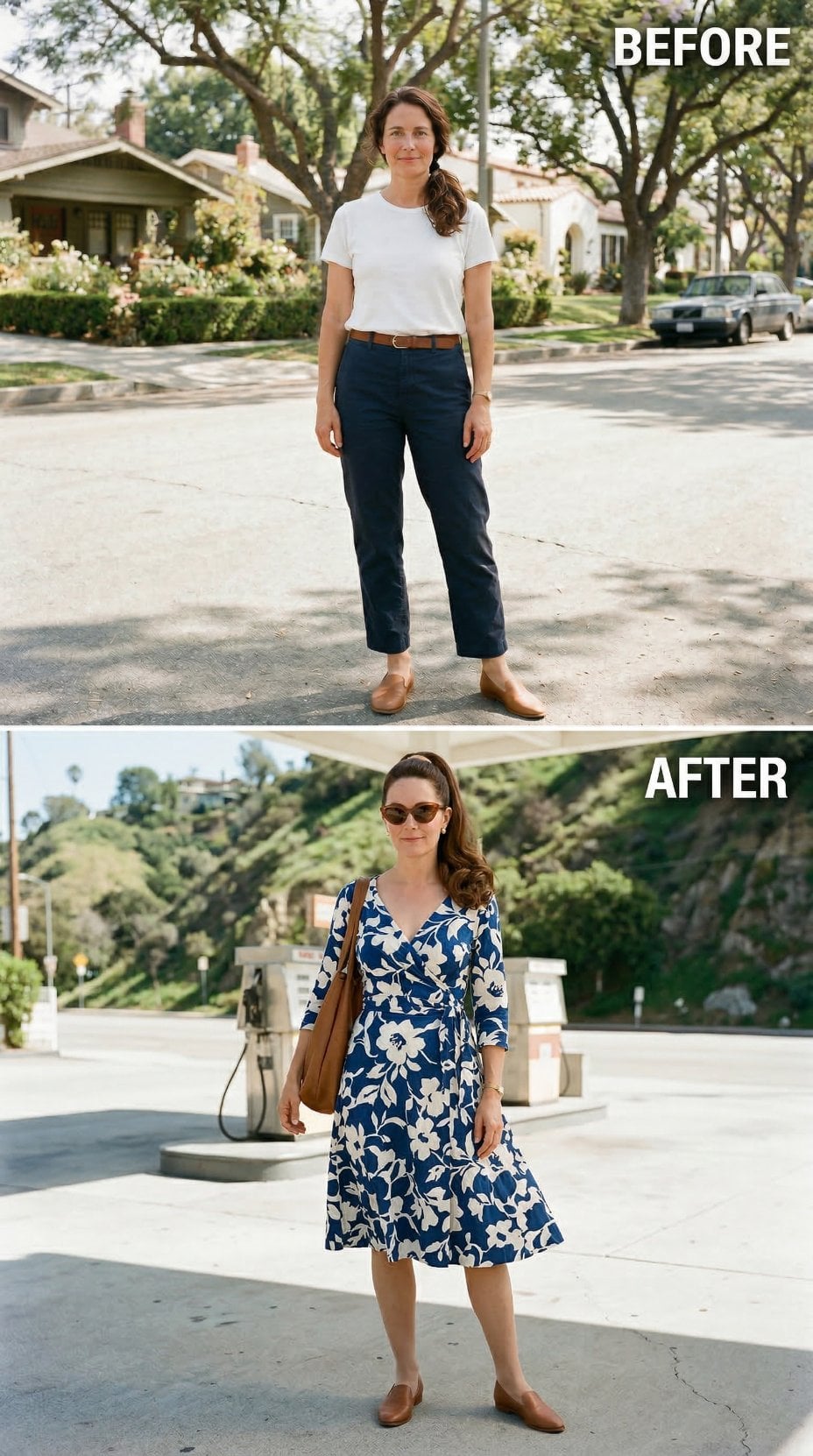 Floral Wrap Dress, Ponytail Up, Brown Leather Tote — Errand Stop Recast in 1960s Technicolor