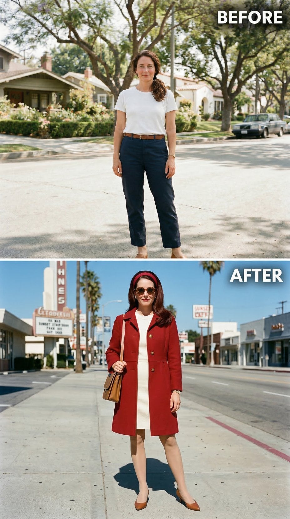 Red Wool Coat, Beret Tilt, Gold Buttons — Errand Day Recast as a Sunset Strip Sidebar