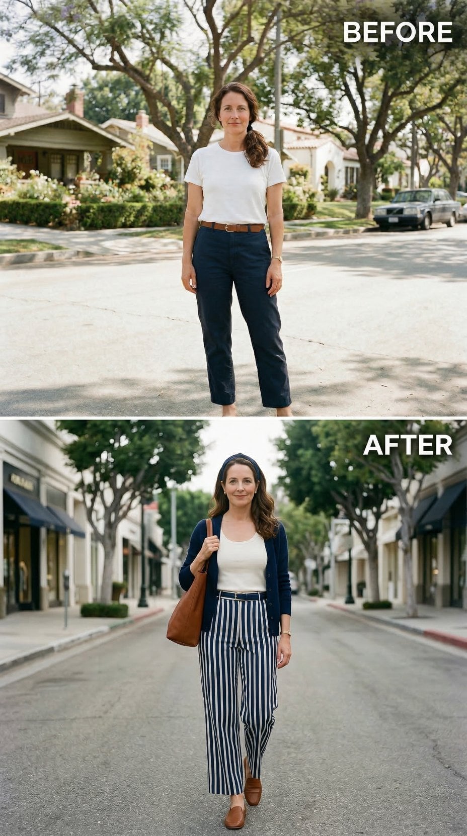 Wide-Leg Stripes, Navy Cardigan, Brown Tote — Errand Day Recast as a Rodeo Drive Stroll