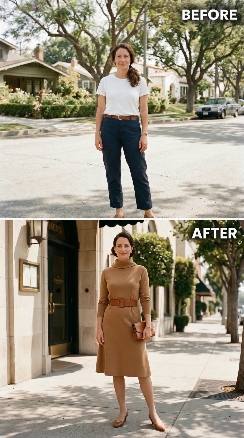 Camel Turtleneck Dress, Wide Belt, Chignon Up — Errand Stop Recast as a Chasen's Sidebar