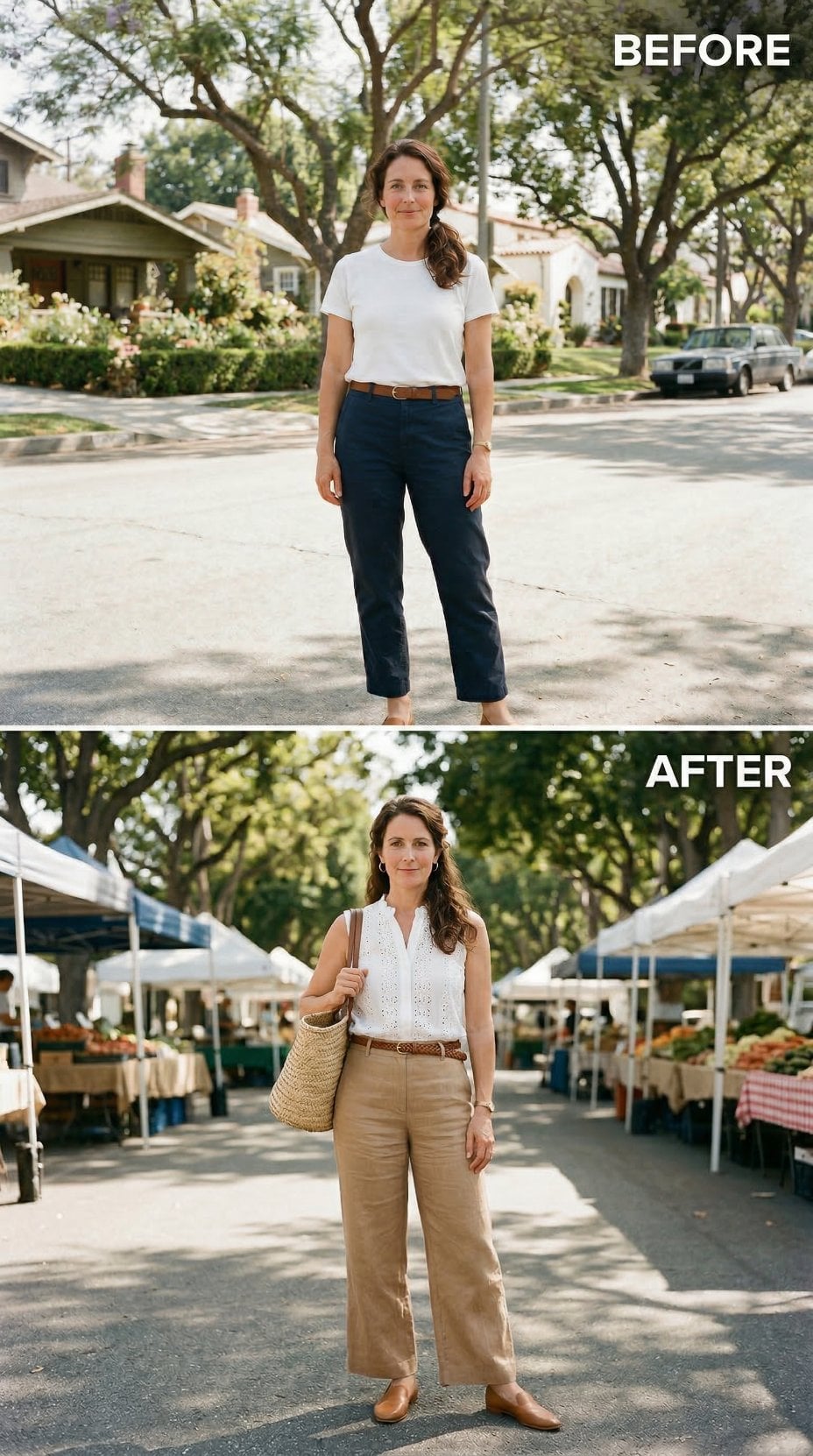 Linen Wide-Legs, Eyelet Bodice, Farmer's Market Backdrop — Errand Hour Recast as a 1960s Location Shoot