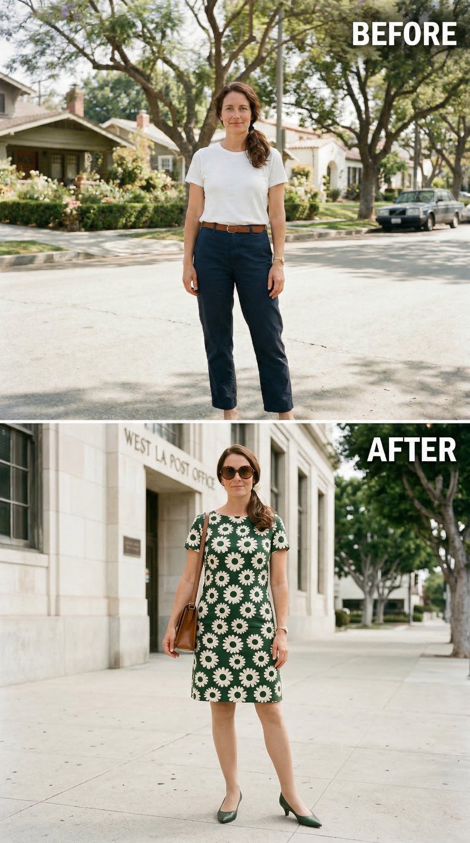 Daisy-Print Shift, Kitten Heels, Post Office Sidewalk — Errand Run Recast as a 1960s Street Shot