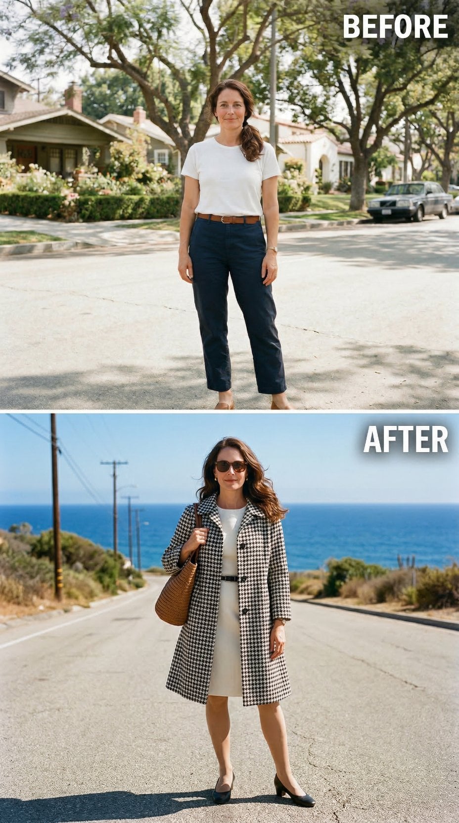 Houndstooth Coat, Ocean Backdrop, Wicker Bag — Errand Day Recast as a Pacific Coast Sidebar